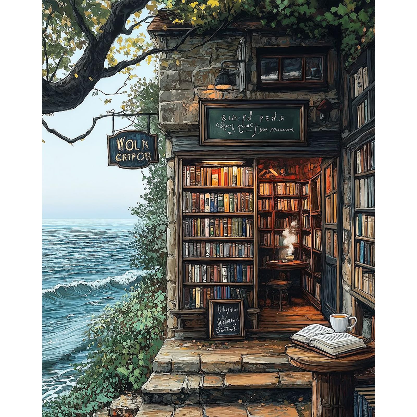 AIRDEA Bookshop Paint by Numbers for Adults, Ocean Adult Paint by Numbers, Painting by Number Kits Canvas for Beginners for Gifts Home Wall Decor 16x20inch (No Frame)