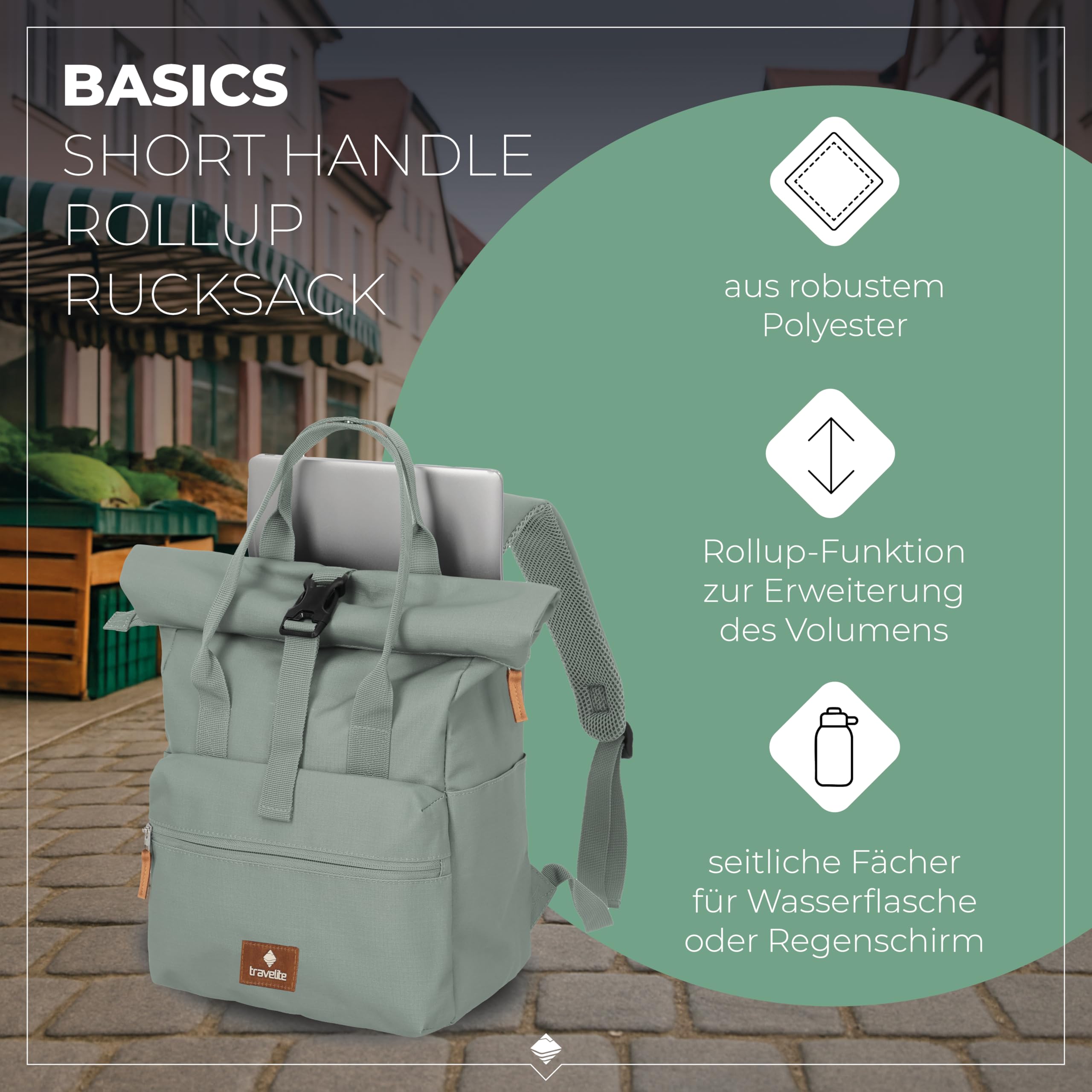Travelite Handgepäck Rucksack, Laptop Rucksack 14 Zoll, Basics Short Handle Rollup, Reiserucksack Rolltop Funktion