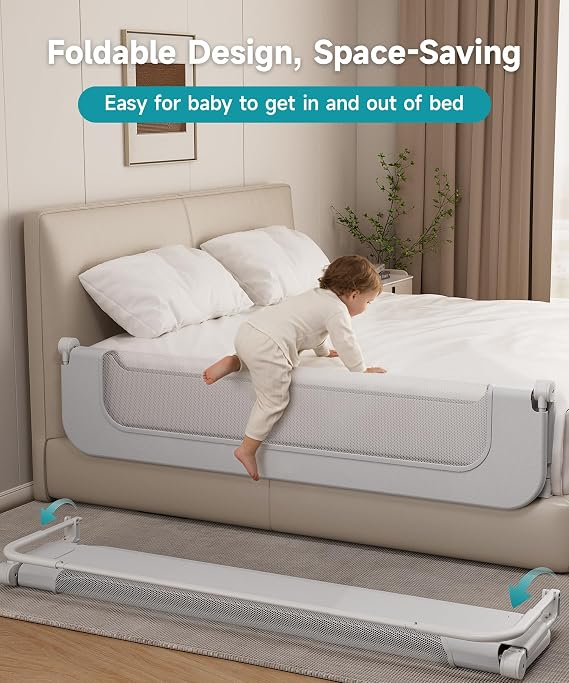 Bed Rail for Toddlers 71 Inch Foldable Baby Bed Rail, Height Adjustable & Safety Toddler Bed Rails for Queen, King, Twin, Full, No-Tool Install (Grey, 71-Inch)