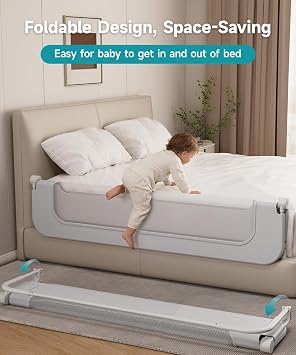 Bed Rail for Toddlers 71 Inch Foldable Baby Bed Rail, Height Adjustable & Safety Toddler Bed Rails for Queen, King, Twin, Full, No-Tool Install (Grey, 71-Inch)