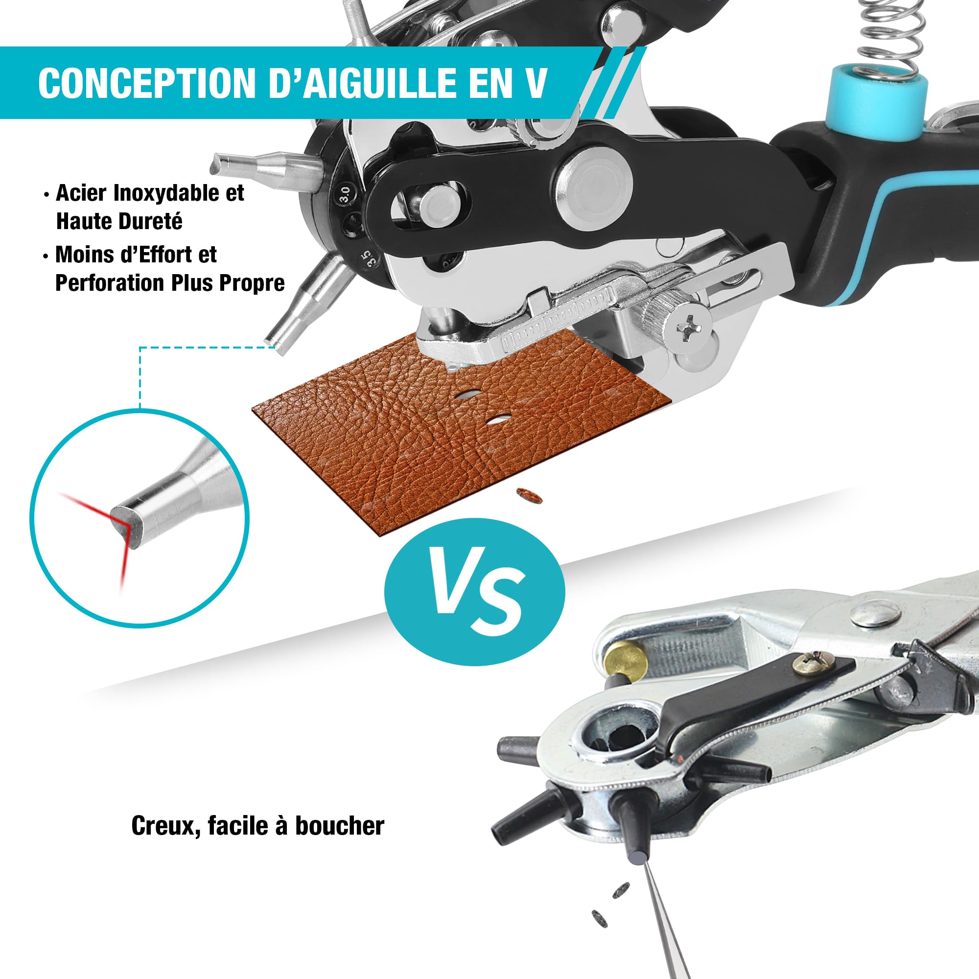 DURATECH Pince Perforatrice Rotative avec 6 Tailles de Poinçon Interchangeables, Outil de Perforation avec Règle pour Cuir, Ceinture, Tissu, Papier, Carte, Plastique, Sac