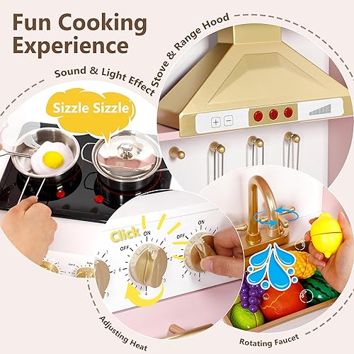 Miniatura 5 de Kinder King Cocina de madera para niños, juego de cocina de juguete para niños pequeños, juego de cocina con sonidos reales, máquina de café de
