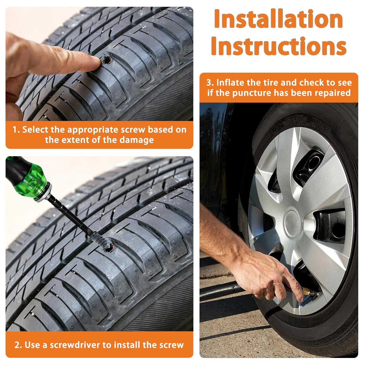 60PCS Tire Repair Rubber Nail Kit Tire Repair Screws Tire Repair Spiral Rubber Screws with Screwdriver & Pliers, Fast Self-Service Flat Tire Puncture Repair Tool for Car Truck Motorcycle Tractor