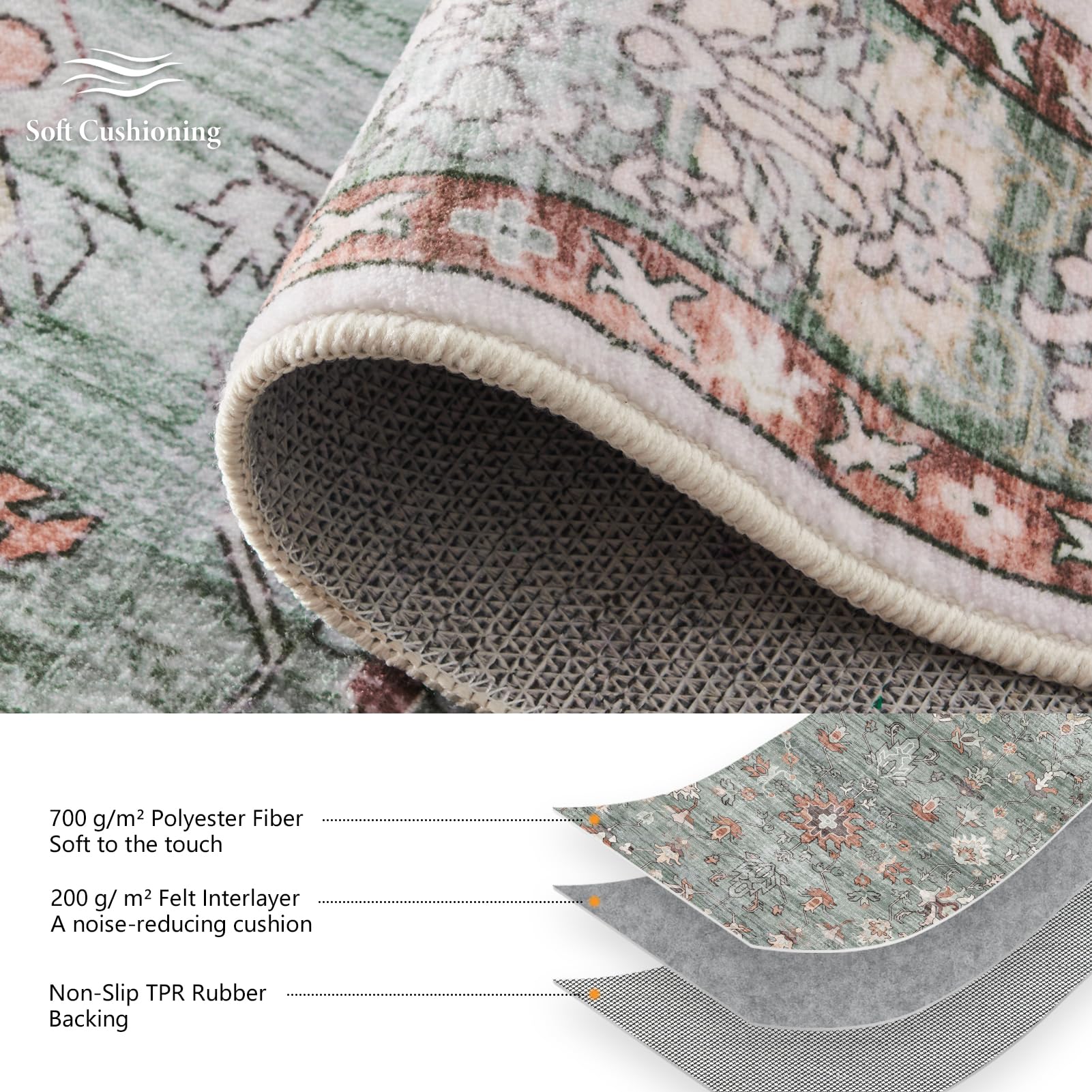 Topfinel Washable Rugs for Living Room 160x230cm, Boho Vintage Green Area Rug with Non-Slip Backing - Image 2