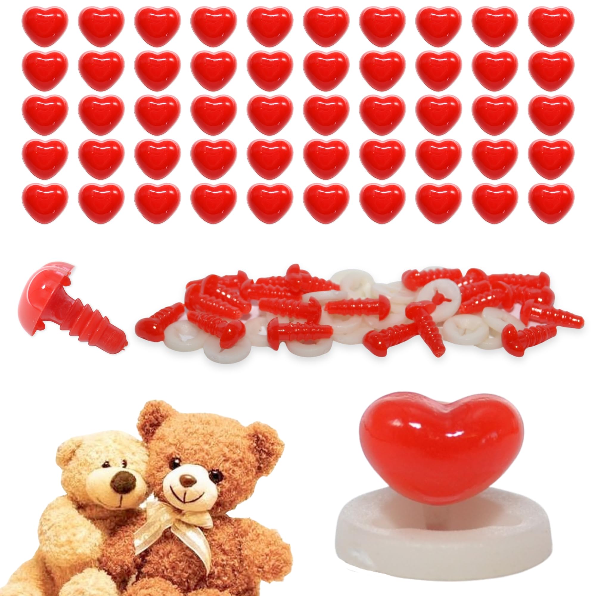 celloexpress 7mm x 5mm Bright Red Heart Noses with Plastic Backs - Safety Noses for Soft Toy Teddy Bear Animal Making (Pack of 100)
