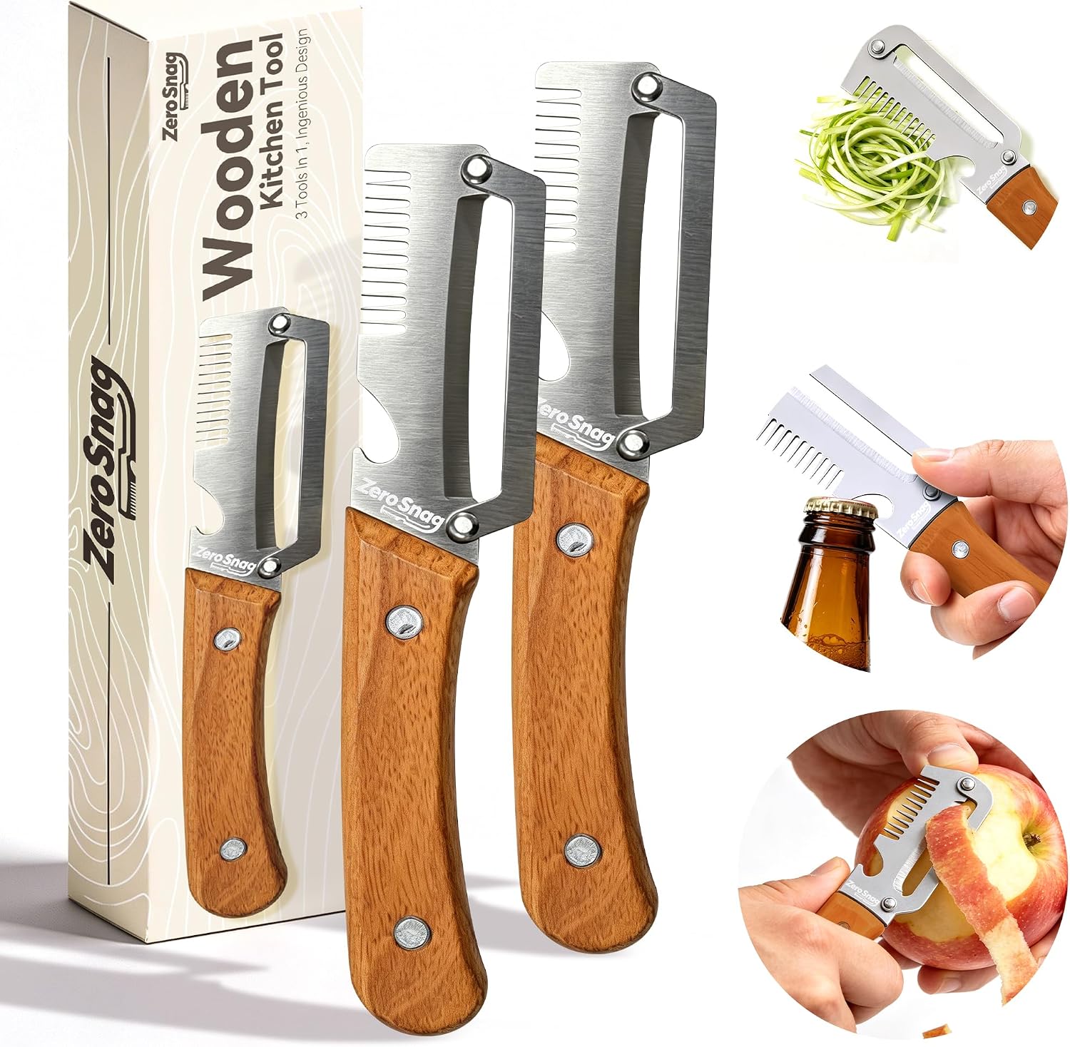 3 in 1 Multi Functional Vegetable Peeler with Bottle Opener and Green Onion Shredder, Ultra-Sharp Stainless Steel Blade, Wooden Kitchen Tool with Wooden Handle for Vegetables or Fruits