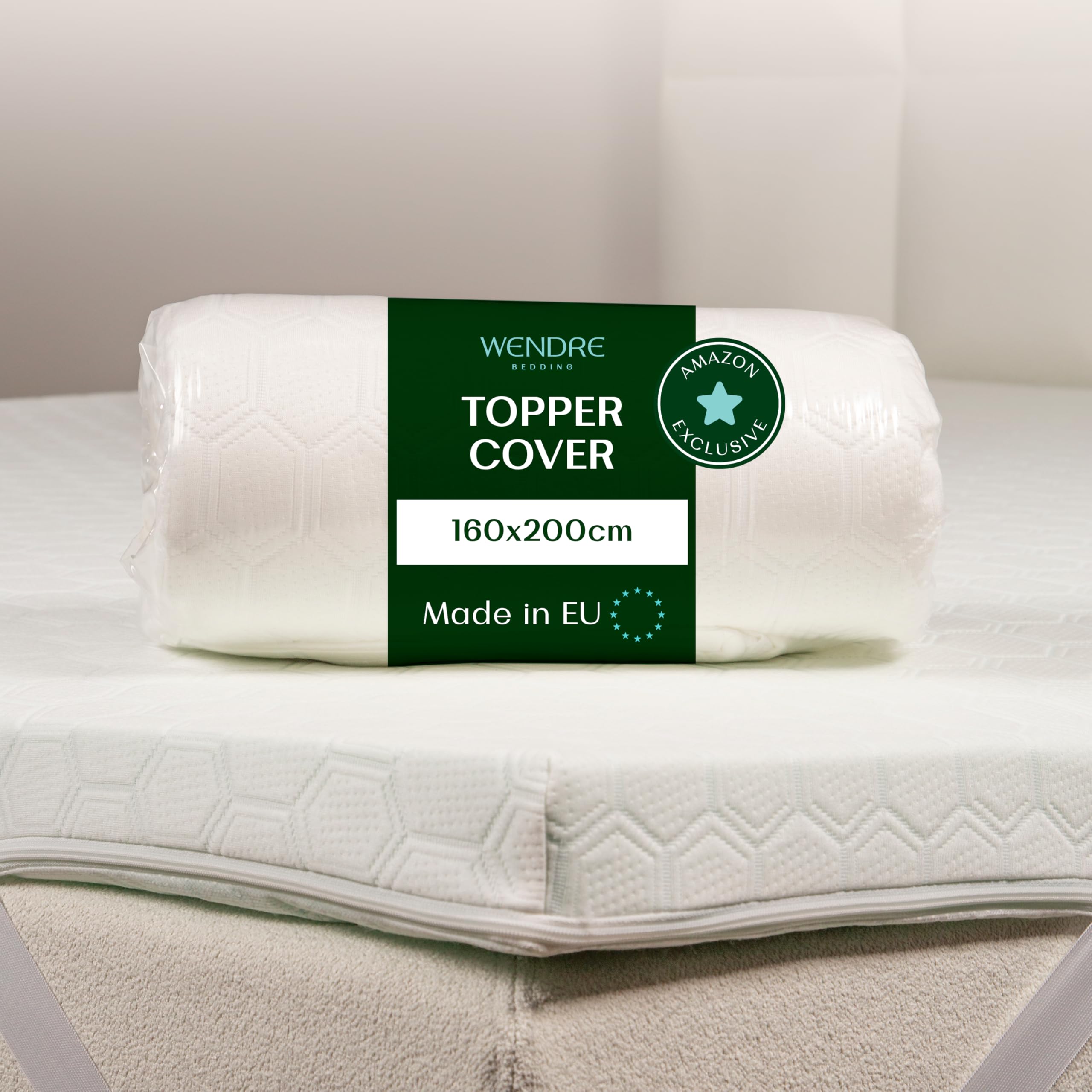 Wendre Funda para Topper 160x200 cm – para Topper de 5–7 cm de Altura – Cremallera en Tres Lados – Lavable a 40 °C – Certificación Oeko-Tex – Funda Protectora para Sobrecolchón