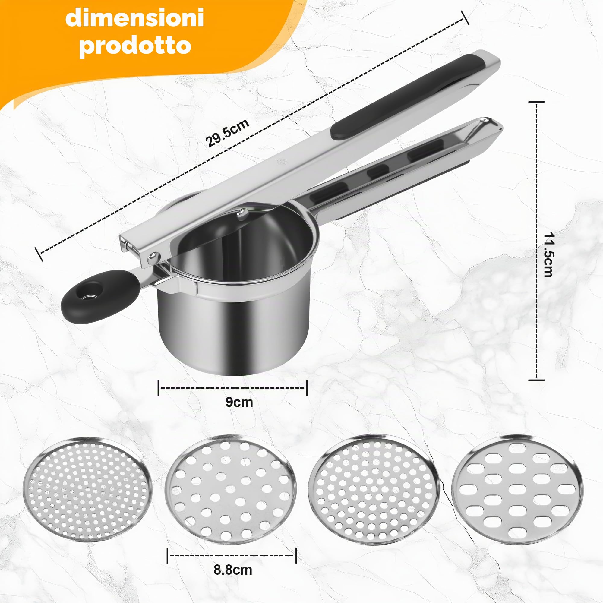 Schiacciapatate con 4 Setacci intercambiabili,Schiacciapatate Acciaio Inox,Pressa per Patate,Acciaio Inox per Purè di Patate, Frutta, Verdure, Bébé, Limone