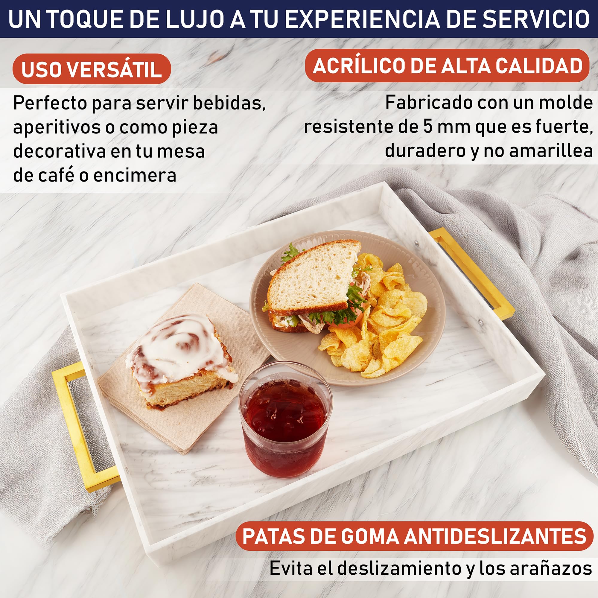Bandeja para Servir de Acrílico con Asas Doradas, Bandejas Decorativas de 40,6 x 30,5 cm para Mesa de Café, Servidor de Bebidas a Prueba de Derrames, Cocina, Plato de Fiesta (Mármol)