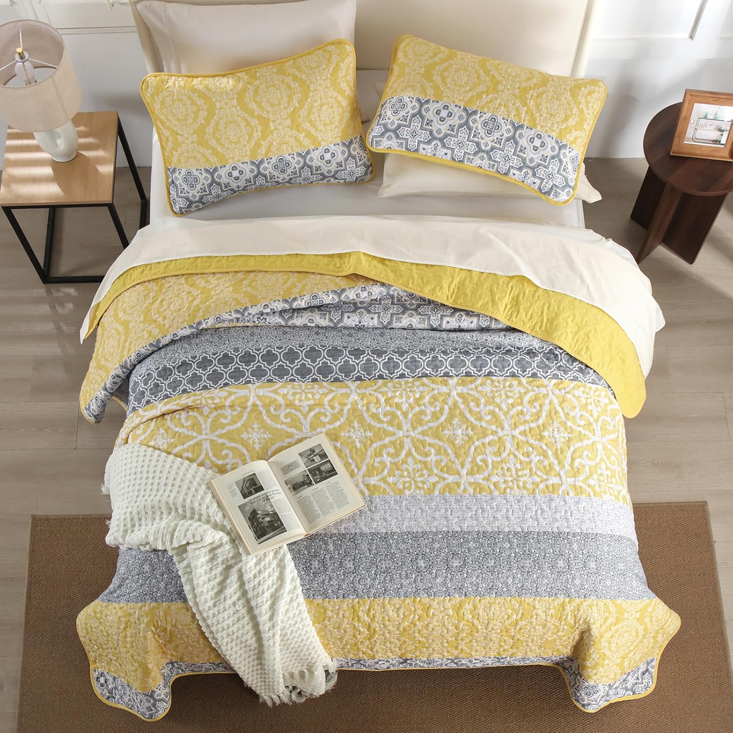 DJY Boho Quilt Set King Size, 3 Pieces Yellow Grey Boho Striped Bedspread Coverlet Set with 2 Pillowcases, Soft Microfiber Bohemian Patchwork Farmhouse Bedding Set All Season (104"x90") - Image 3