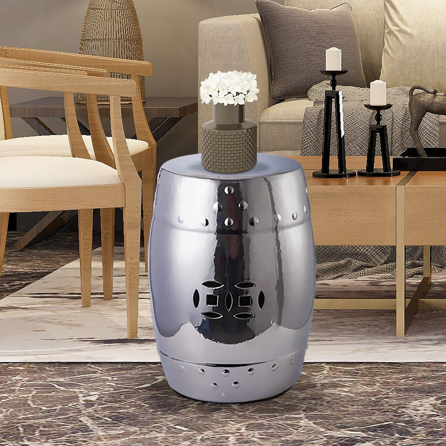 Knocbel Ceramic Decorative Garden Stool, Indoor/Outdoor Side Table Plant Stand, 240lbs Weight Capacity, 13" L x 13" W x 17.8" H (Silver) : Patio, Lawn & Garden