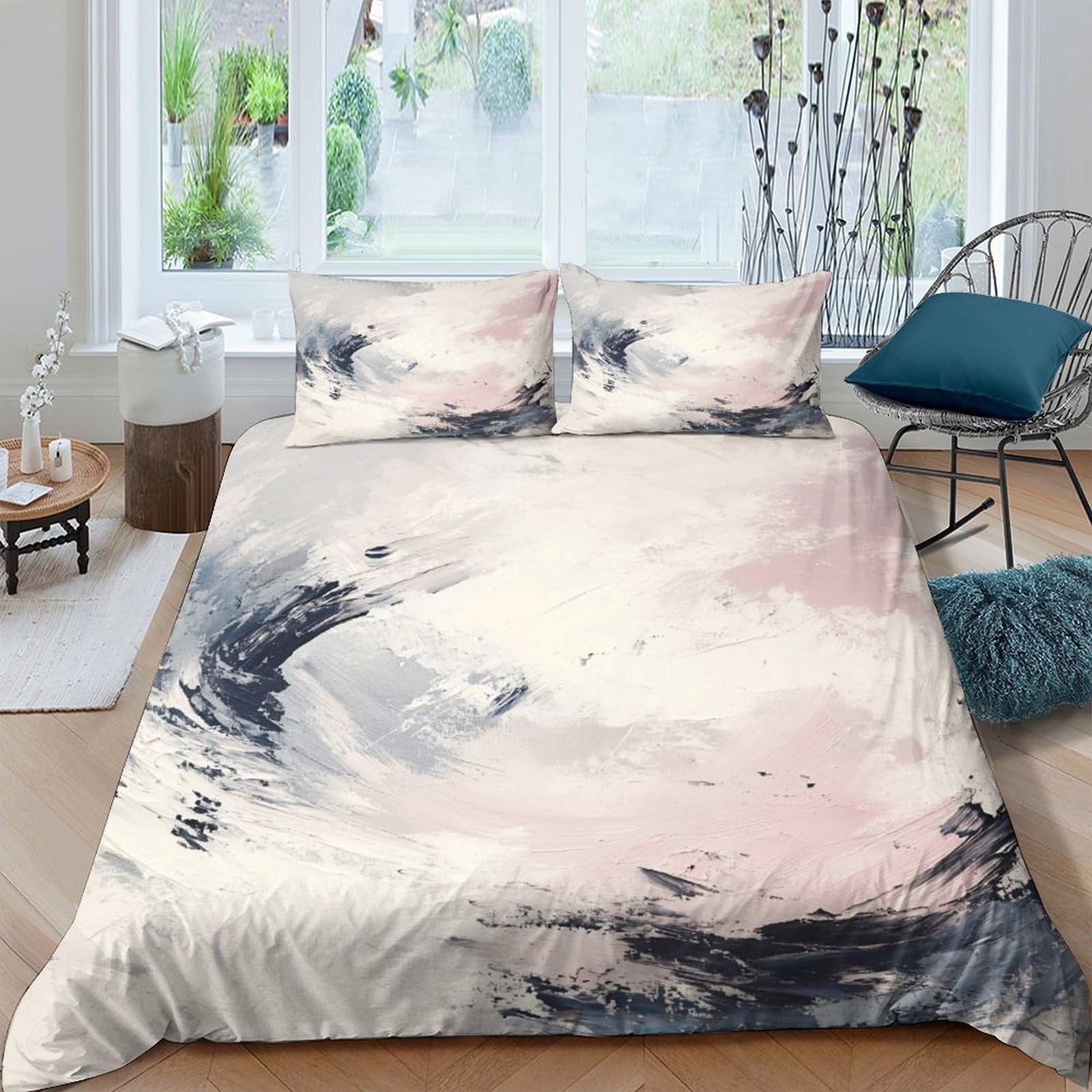 Ctjqhvkz Style-9 3D Printed Abstract Watercolor Fitted Sheet Microfiber Soft Breathable Pink Grey Brushstroke Mattress Cover Bedroom Decor Single（135X200cm）