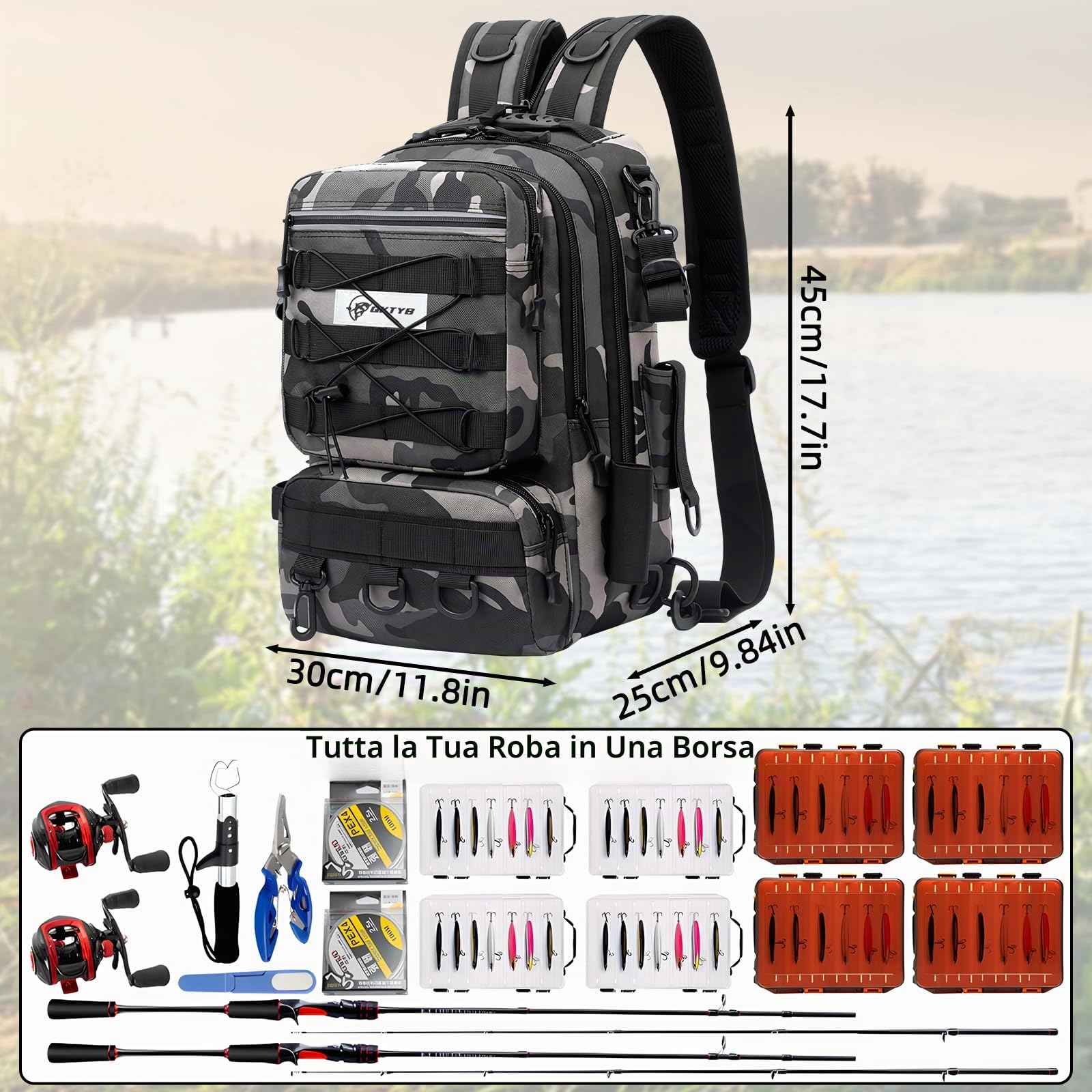 QKTYB Zaino Pesca Grande con Portacanne, Zaino Impermeabile con Cerniere, Borsa da Pesca con Cinghia Imbottita, Multitasche in Tessuto Oxford per Escursionismo, Caccia e Viaggi (45×30×25cm)