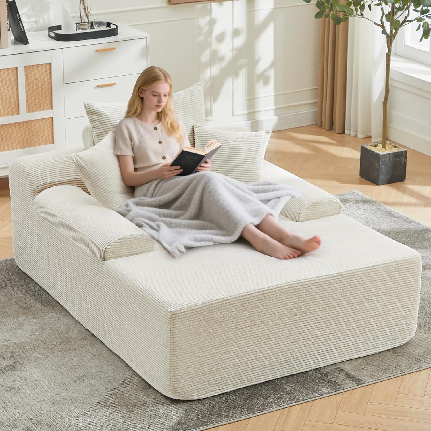 Somferic Corduroy Chaise Lounge Chair Indoor - Boneless Sofa Bed Couch with Armrests, 3 Pillows, No Assembly, Beige 68"