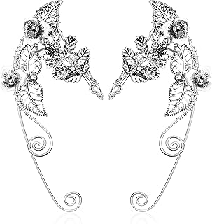 Elf Ear Cuffs Handmade Clip-on Earrings Handcraft Hollowed Leaf Pearl Beads Wing Tassel Filigree Elf Ear Jewelry for Fantasy Fairy Ears Elven Cuff Wrap Earrings Halloween Cosplay Costume Silver Tone