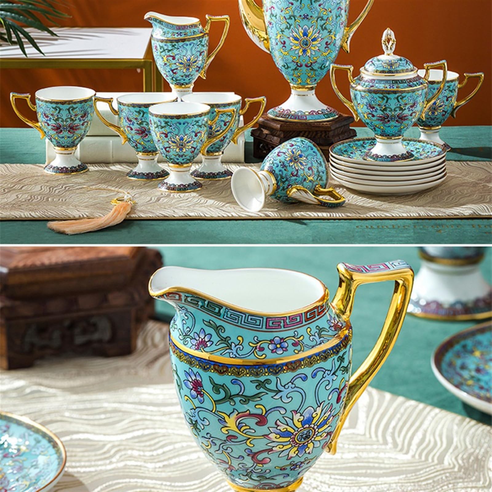 Jarra Juego de té la tarde café cerámica 15 piezas | Juego de taza y platillo de café Bone China