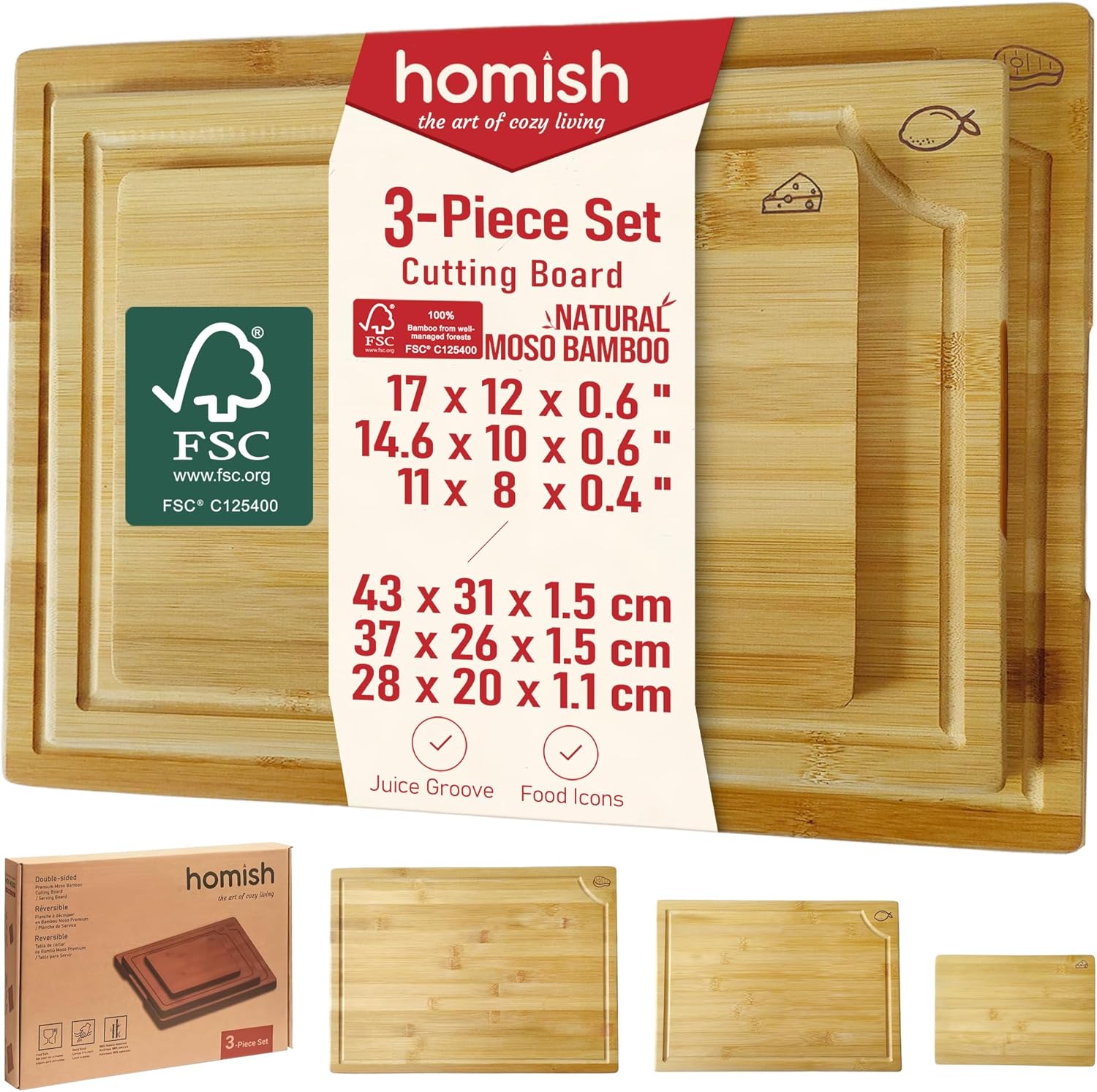 Bamboo Cutting Boards Set with Stand - 3 Piece Charcuterie Board with Handle, Truly Glue Free, Non Toxic Wood Chopping Serving Boards for Kitchen Gift Set - Dishwasher Safe [New 2026 Upgrade]