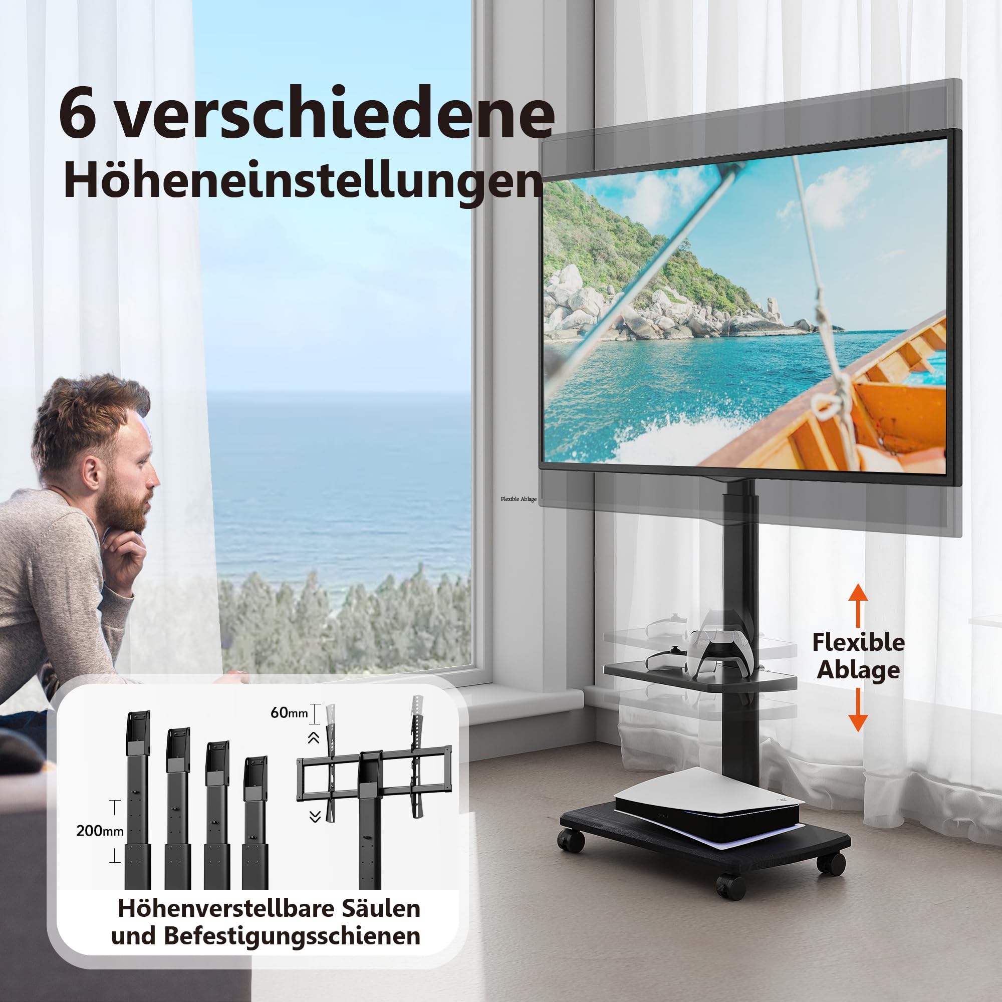 FITUEYES TV Ständer Rollbar, TV Standfuß mit 2 Ablagen für 32-70 Zoll Fernseher bis 40 kg, Höhenverstellbar & Schwenkbar, Max. VESA. 600 * 400 mm, Geeignet für Mietwohnungen Büros, Schwarz