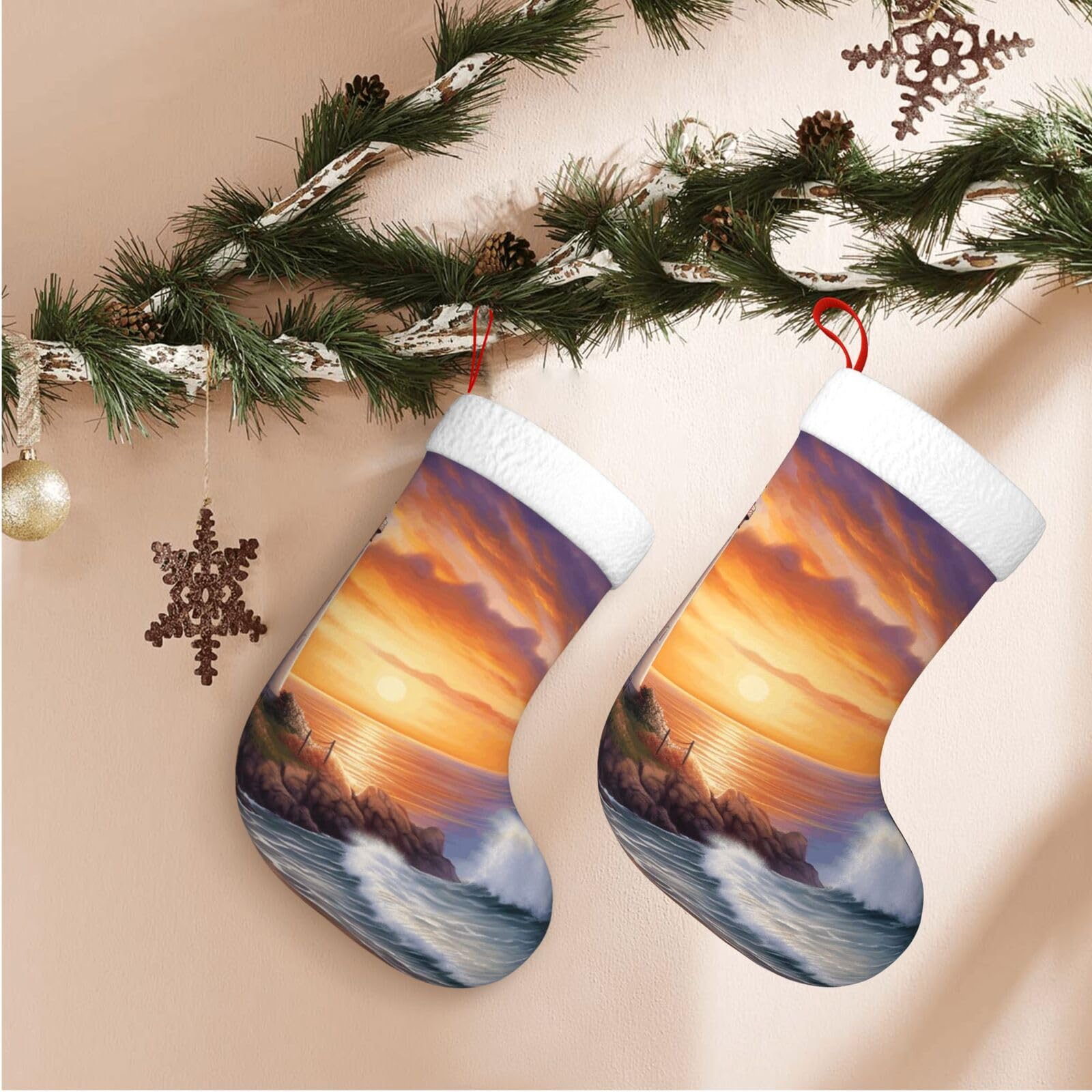 Lighthouse at Sunset Christmas Stockings Velvet Xmas Fireplace Hanging Stocking with Plush Cuff Rustic Christmas Santa Stockings for Home Christmas Decorations Party Favor Supplies