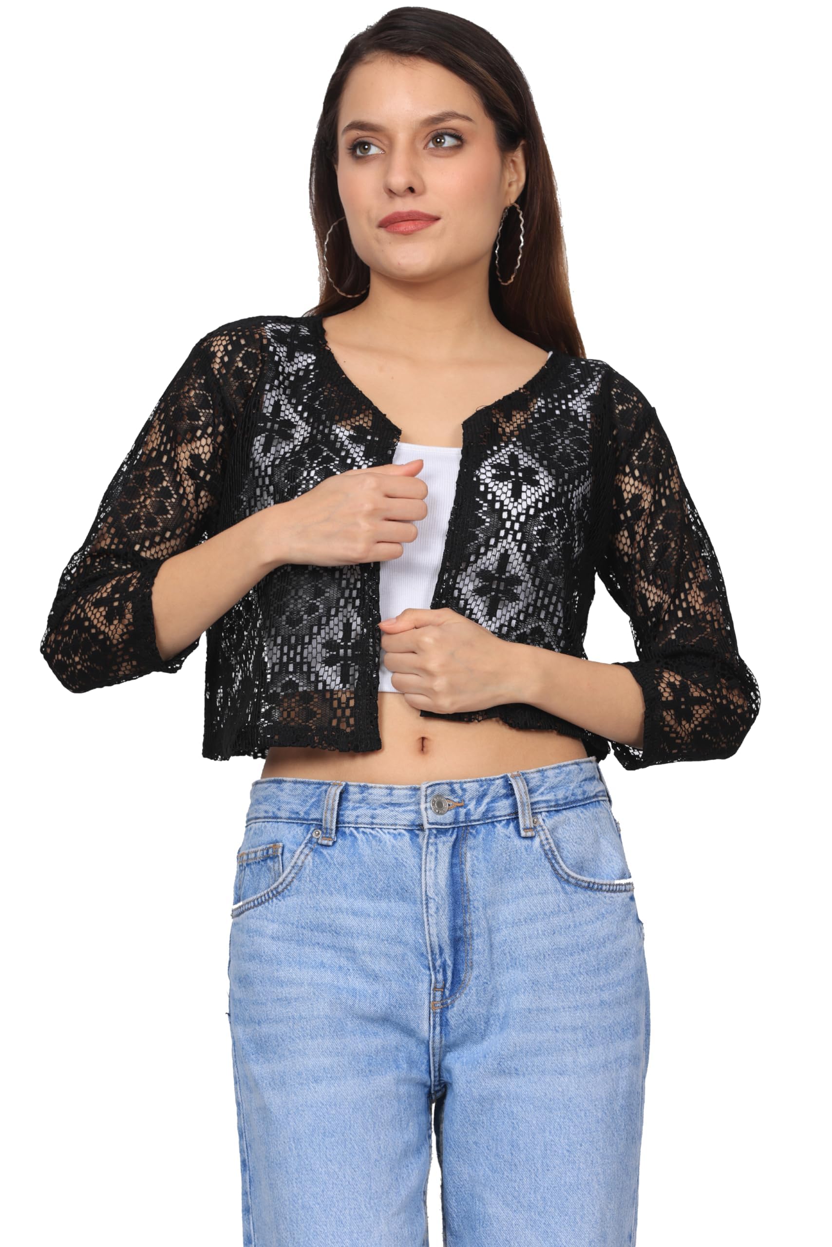 MARVENTWomen Self Design Floral lace Regular Open Front Shrug