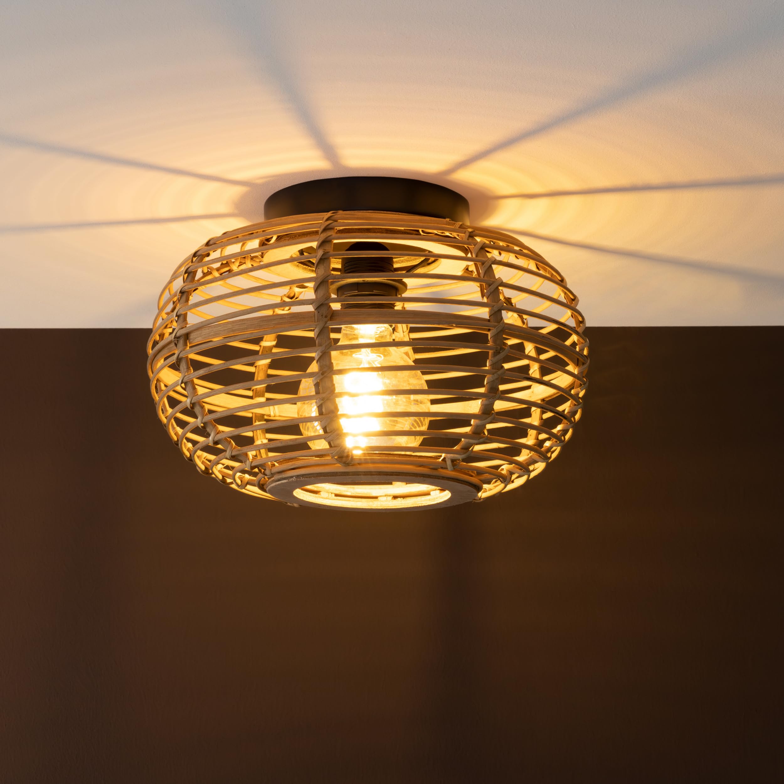 Lampada Da Soffitto Bohémien In Bambù - Plafoniera Decorativa E27 Max 40W, Nero/rattan, 22x32 Cm - copertina