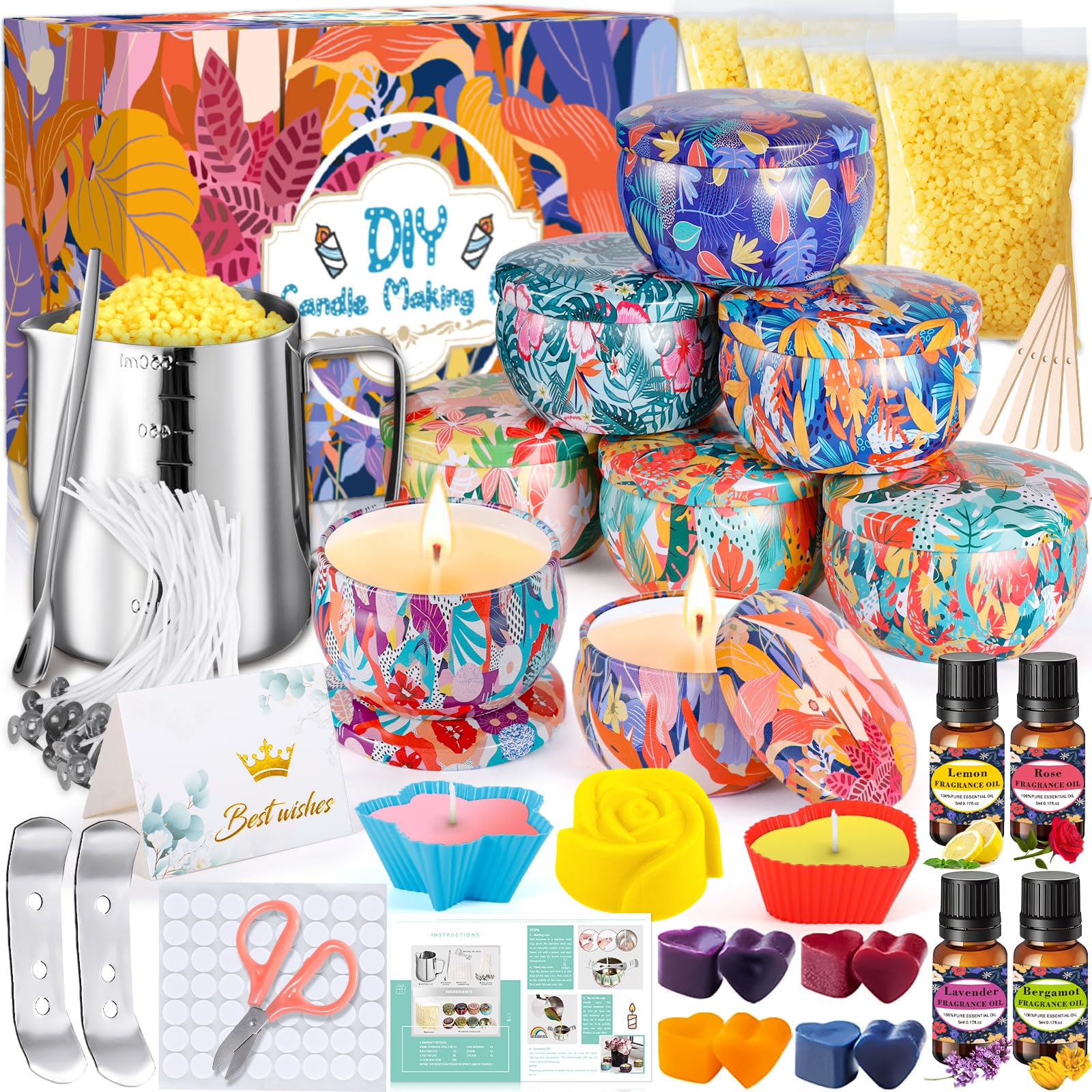MZJAUVF Kit para Hacer Velas, Kit de Fabricación de Velas Perfumadas, DIY Juego de Regalo, Kit Velas DIY, 480gCera de Soja,8Latas de Velas,4Aceites Aromáticos etc, Kit Hacer Velas para Festival Regalo