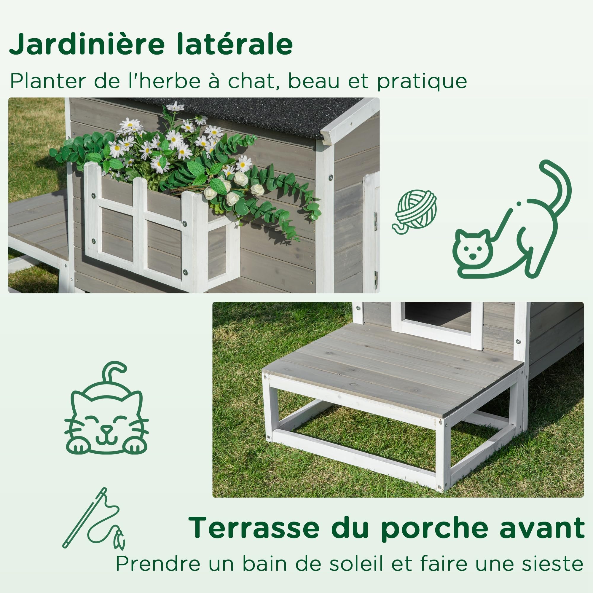 PawHut Maisonnette pour Chats Niche extérieure surélevé avec terrasse étanche en Bois, dim. 115L x 66,5l x 74,7H cm, Gris