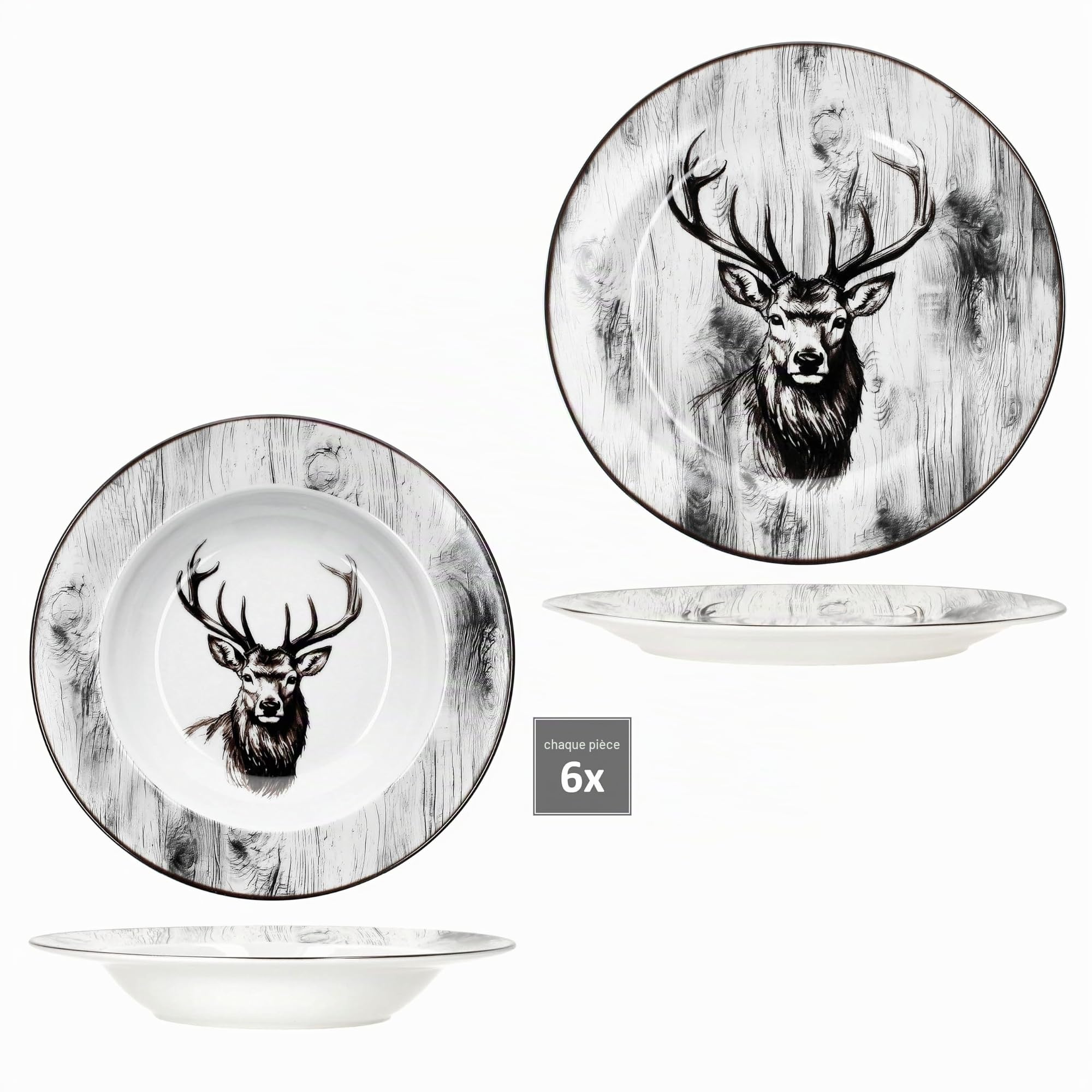 MamboCat Alois Service de table 12 pièces I Vaisselle en porcelaine avec décor cerf pour 6 personnes I 6 assiettes creuses et 6 assiettes plates pour petit-déjeuner, déjeuner et dîner