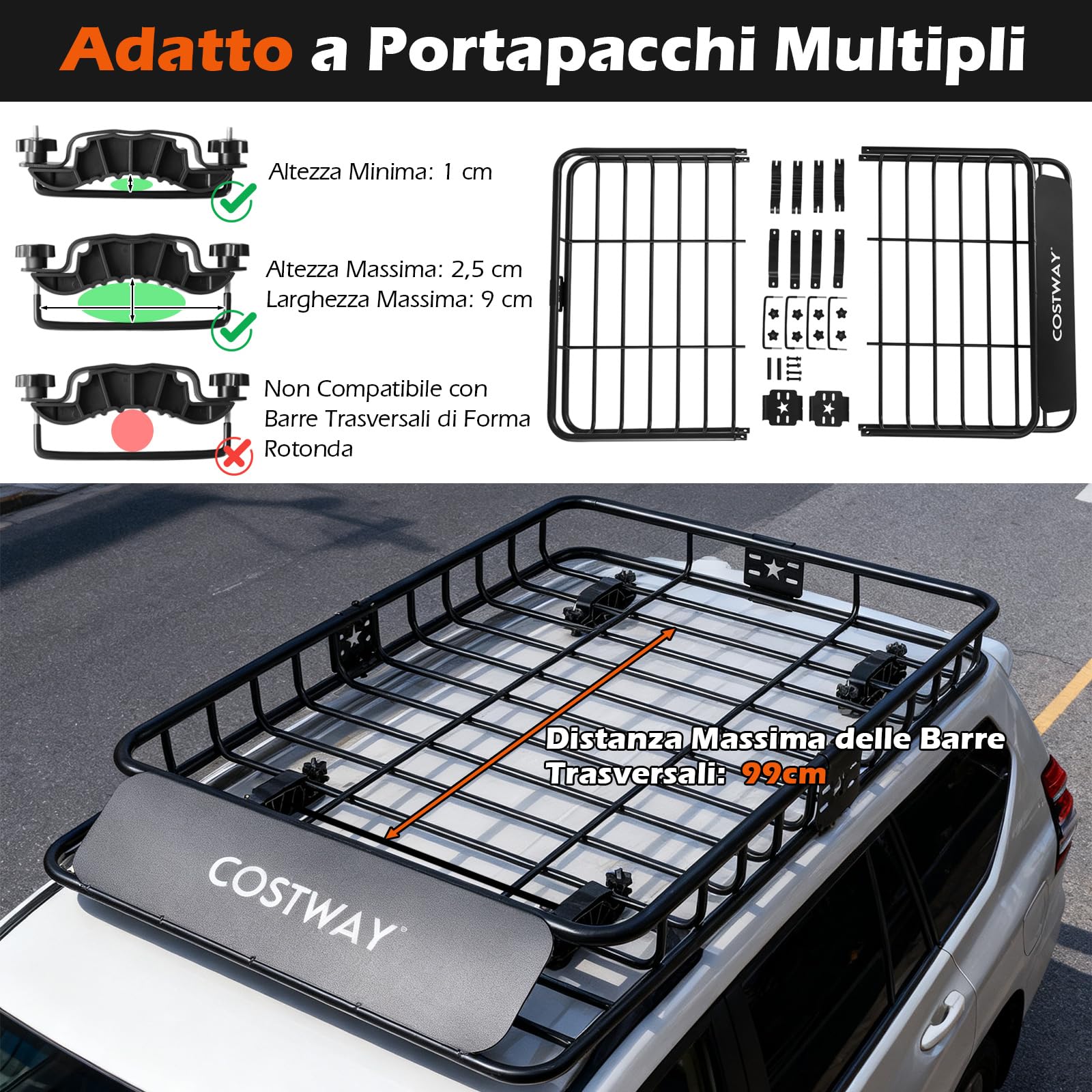 COSTWAY Portapacchi Auto da Tetto, Cestino Portapacchi da Tetto con Borsa per Bagagli e Cinghie a Cricchetto, Portata 90 kg, Barre Portatutto Universale per SUV, Camion, Berlina, 130 x 91 x 17 cm