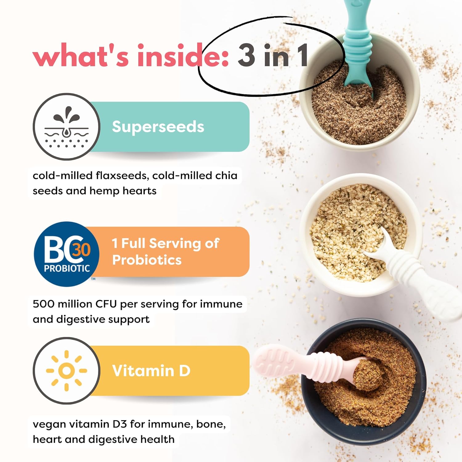 Tiny Sprouts Organic Superseed Variety Pack + Probiotics + Vitamin D3 | Flax • Chia • Hemp • Digestion Boosters | Complete Omega-3, Protein & Fiber Nutrition | Kids Superfood Nutrition Boosters for Brain, Gut & Immune Health | Gluten-Free Plant-Based Superfood | 7 oz x 4 Pack
