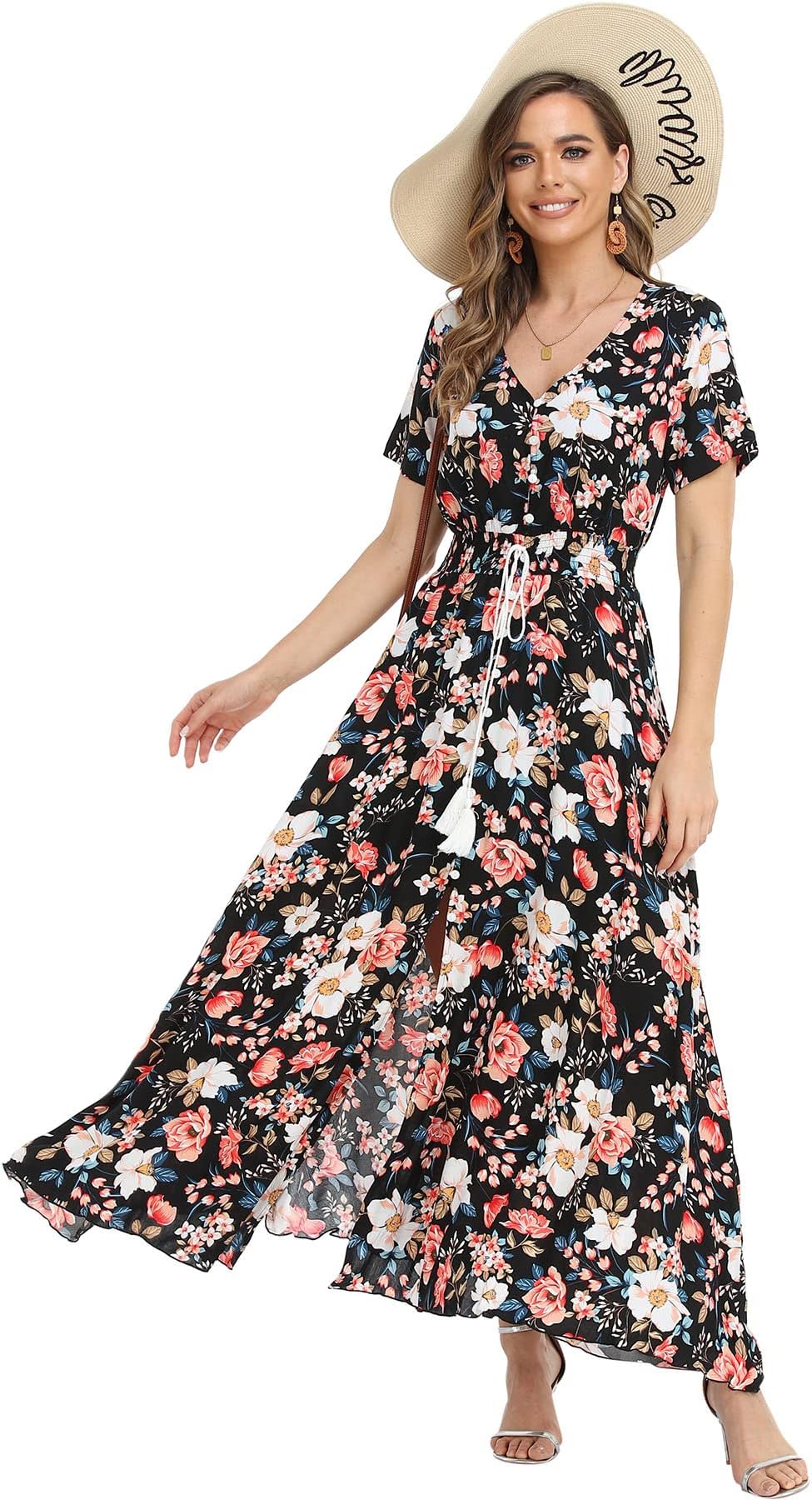 Women's Floral Maxi Dresses Casual Long Summer Boho Beach Dress Short Sleeve Button Up Split Party Dress