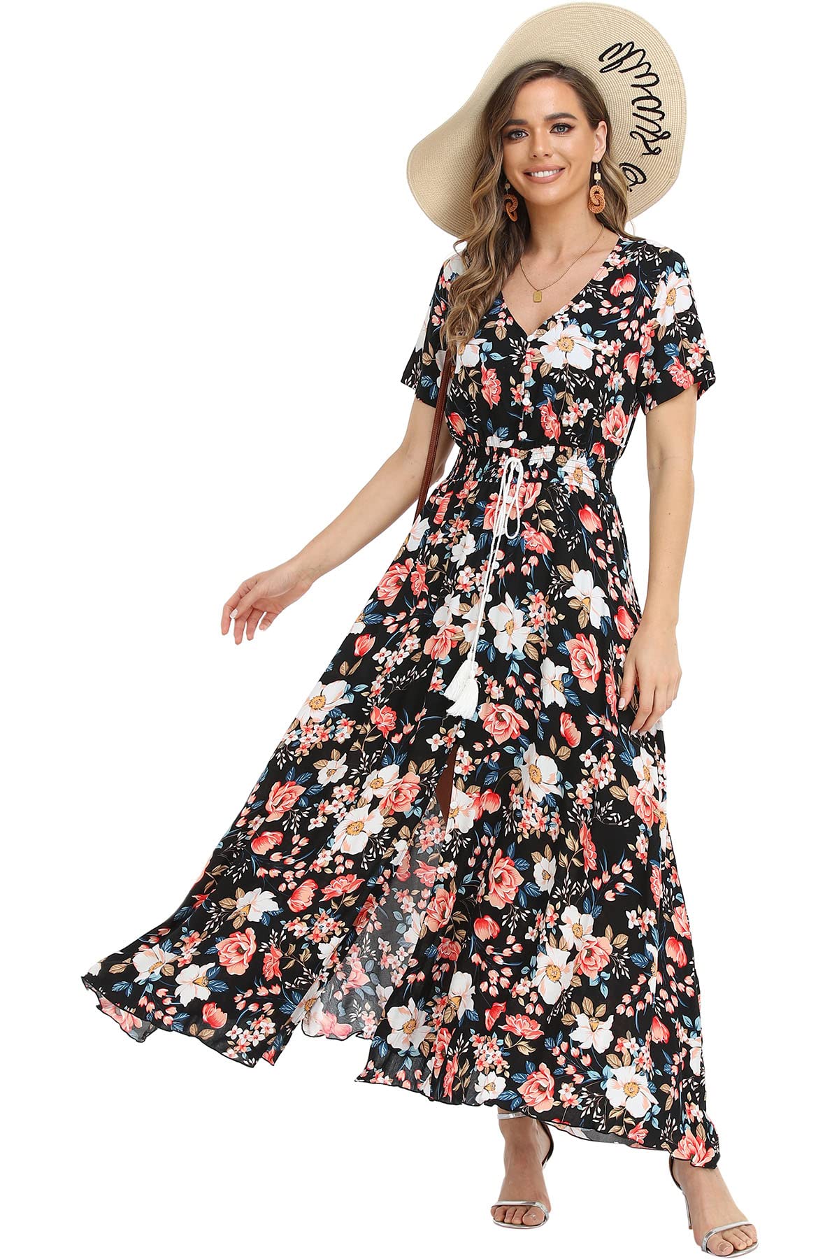 Women's Floral Maxi Dresses Casual Long Summer Boho Beach Dress Short Sleeve Button Up Split Party Dress
