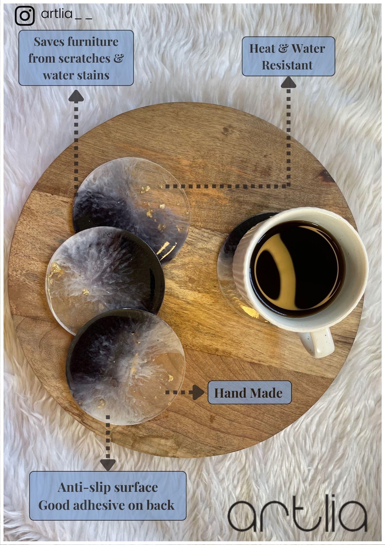 Artlia Handcrafted Resin Circle Coasters for Dining Table (4'' Diameter for Gifting (Birthdays,Anniversaries,Weddings),Enhancing Home Decor,Gifts,and Special Occasions Set of 6 (Silver) 4