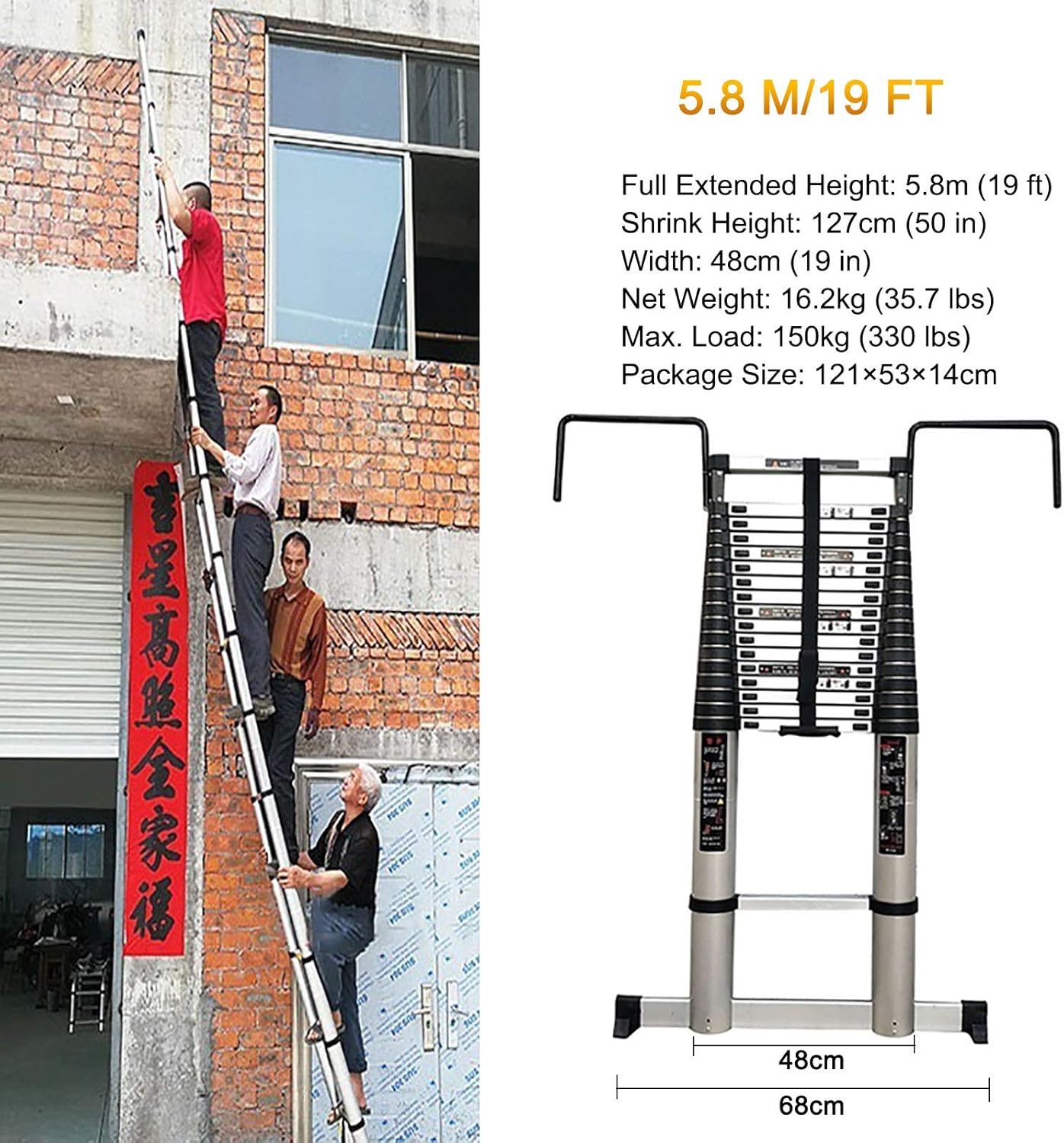 Mighty Multi Extension Ladder - 5m/6m/7m/8m Tall Aluminum Telescoping Ladder with Stabilizer Bar & Hook, Outdoor Building Roof (Size : 5.8M/19ft) Star of Light