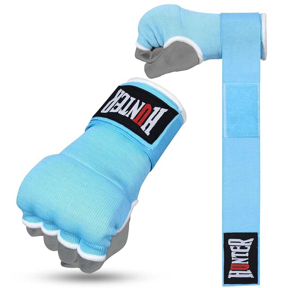 HUNTER Gel Padded Inner Gloves with Hand Wraps for Boxing, Quick Elastic Training Wraps for Men & Women, Muay Thai MMA Kickboxing Martial Arts Knuckle Wrist Protector (Pair) (Sky Blue, L/XL)