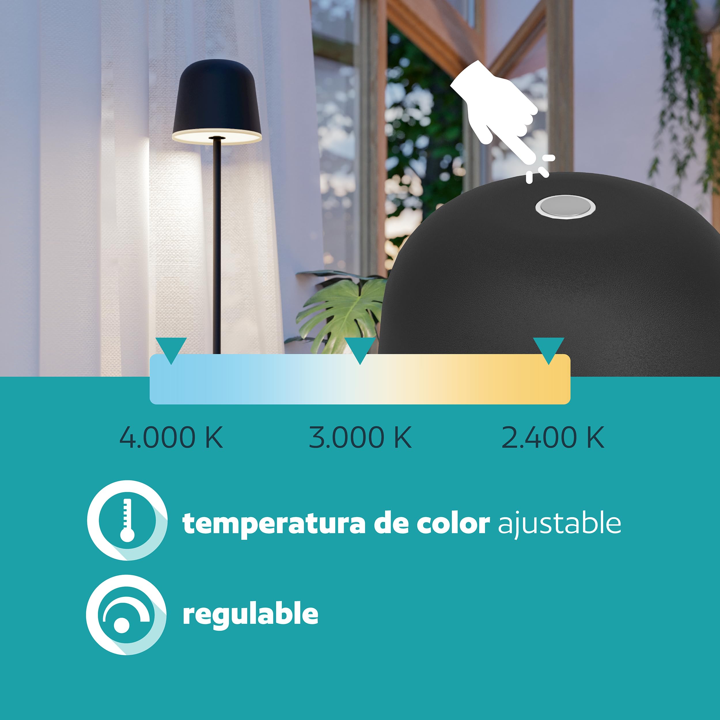 EGLO Mannera-L, lámpara de pie inalámbrica, regulable al tacto, lámpara | de pie de metal en negro, para exterior e interior, IP54