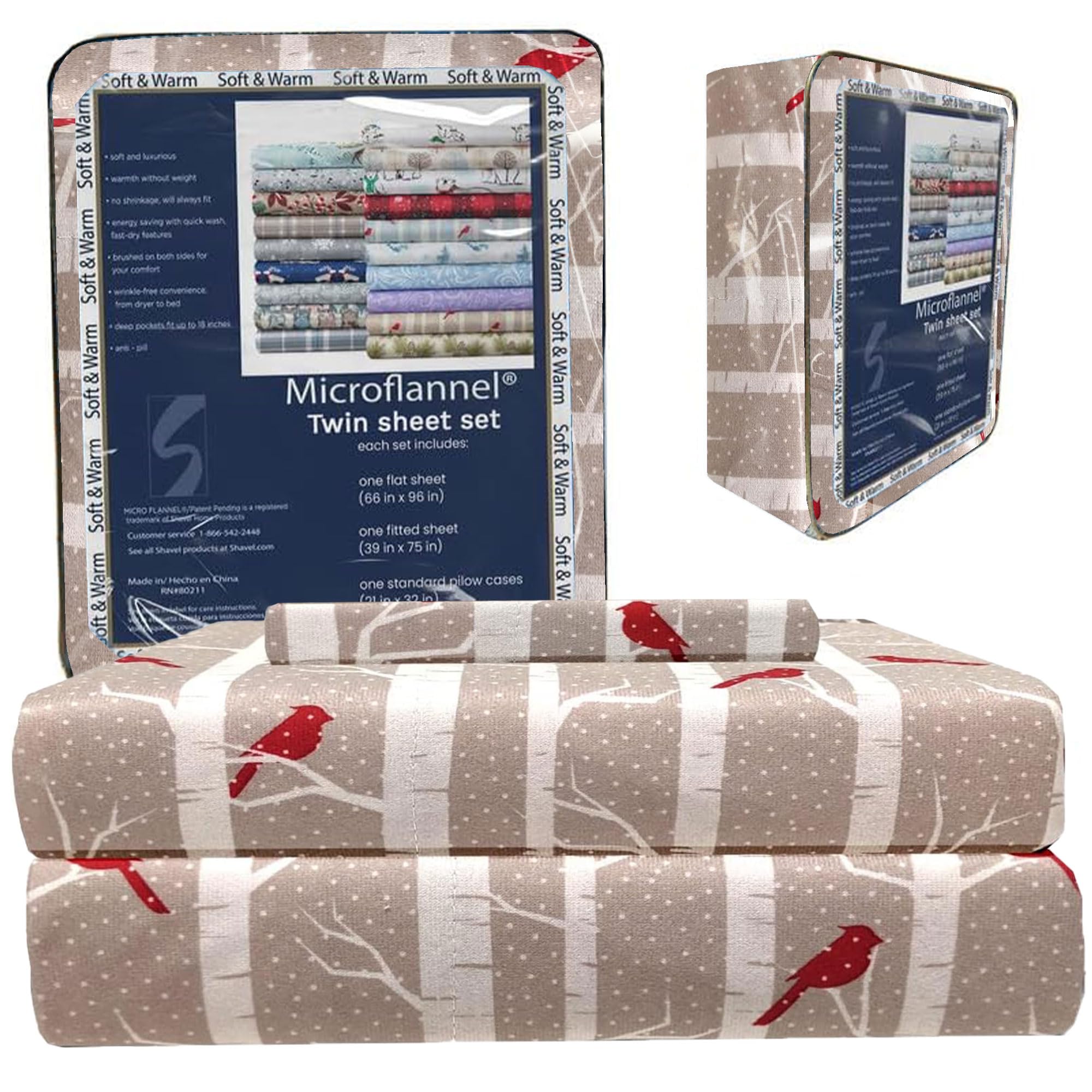 Thermee Micro Flannel Twin-Size Sheet Set, Machine Wash & Dry, No Pilling, 14" Deep With One Pillowcase, Birches