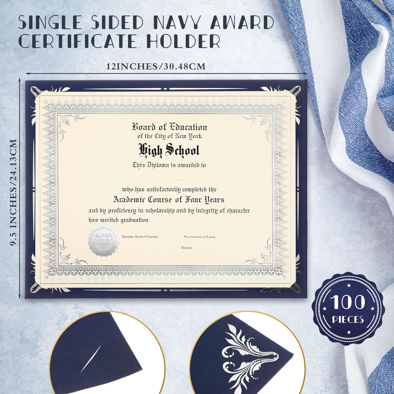 Fainne Lot de 100 feuilles de papier pour certificat, porte-récompenses d'un seul côté avec bordure en aluminium pour couvertures de certificats de 21,6 x 27,9 cm (bleu marine avec feuille argentée)
