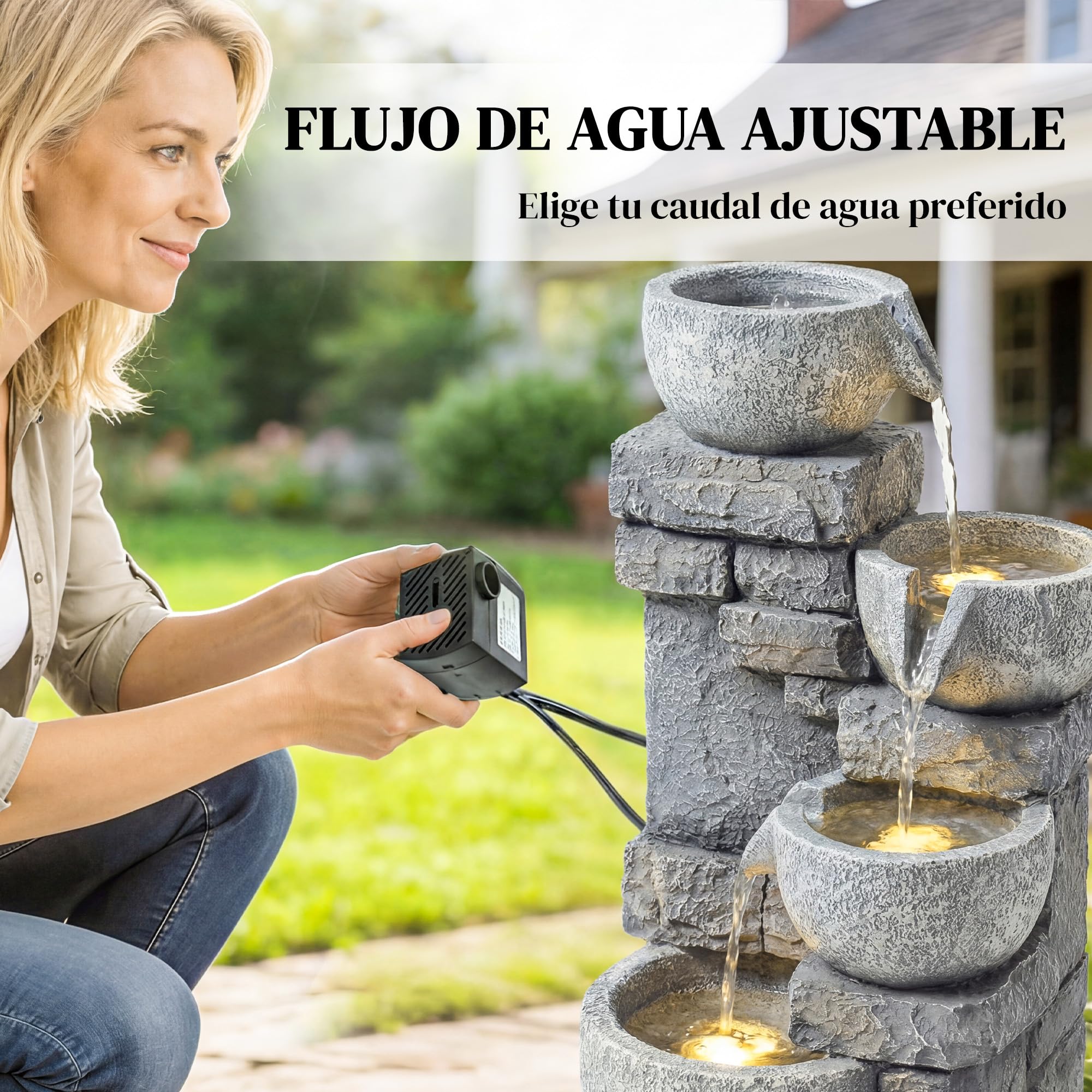 Outsunny Fuente de Agua Decorativa con Iluminación LED y Bomba, Fuente de Jardín Exterior en Cascada de 4 Niveles, Flujo Ajustable, Resistente a la Intemperie, para Jardín, Terraza, Patio, Gris