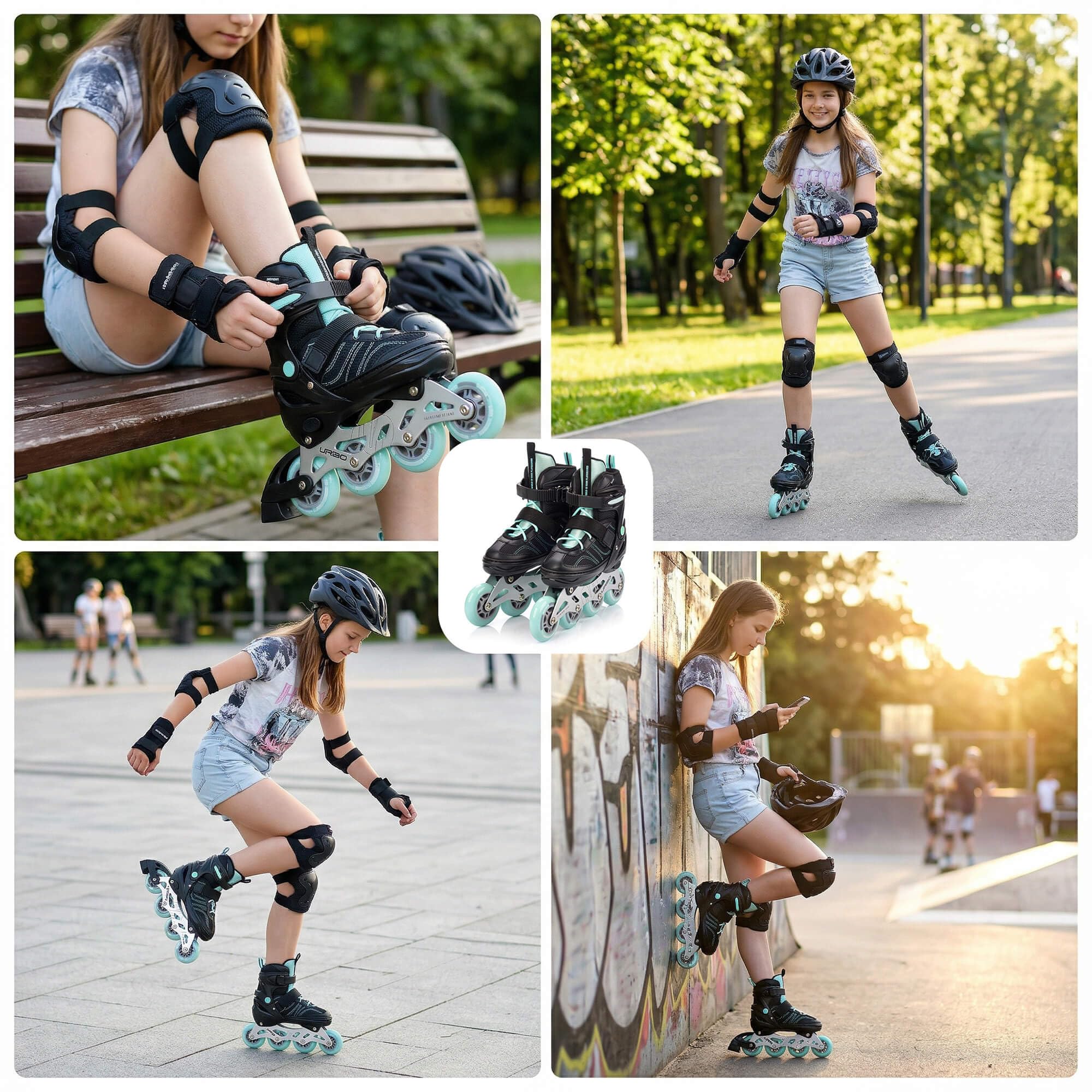 meteor Kinder Inline Skates Urbo verstellbar für ältere Kinder Jugendliche Mädchen Jungen 34-37 38-41 mit ABEC-9 PU Rollen 76-80 mm Bremse hoher Schale und Quick-Lock System