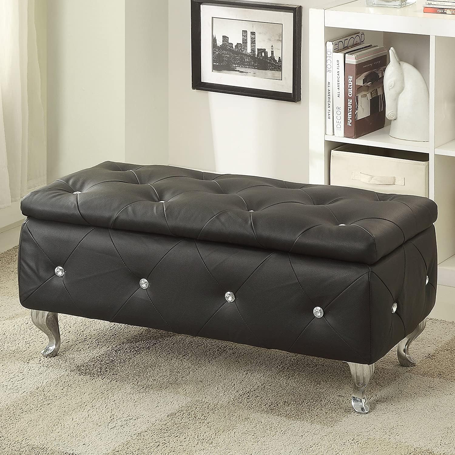 AC Pacific Glam 38 Inches Storage Ottoman Bench for Entryway, Hallway, Living Room, and Bedroom, Upholstered Tufted Faux Leather Ottoman with Storage, Foot Rest and Organizer, Midnight