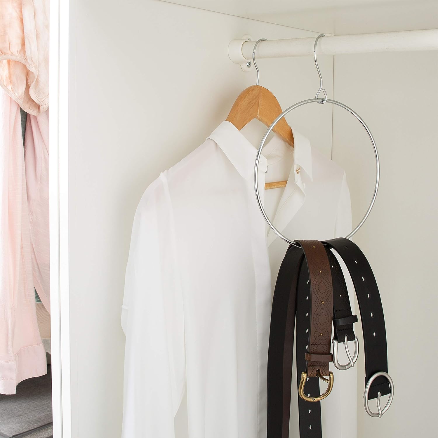 Organize It All Belt/Scarf Ring Hanger, Closet Storage, Rubber Coated Opening, Free Spinning, Metallic and Black