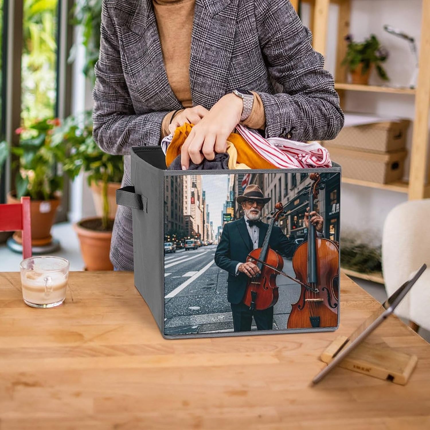 Street Singer And Double Bass Player Foldable Storage Box with Handles, Durable Oxford Storage Cubes, 2PCS Collapsible Closet Organizer for Home, Shelf, Office, Travel