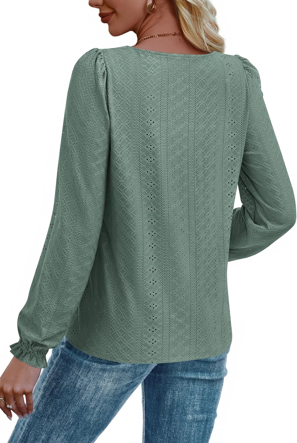 Okiwam Womens Long Sleeve Shirts Fall 2026 Square Neck Dressy Casual Blouses Eyelet Tunic Tops Fashion Outfits Clothes - Image 2