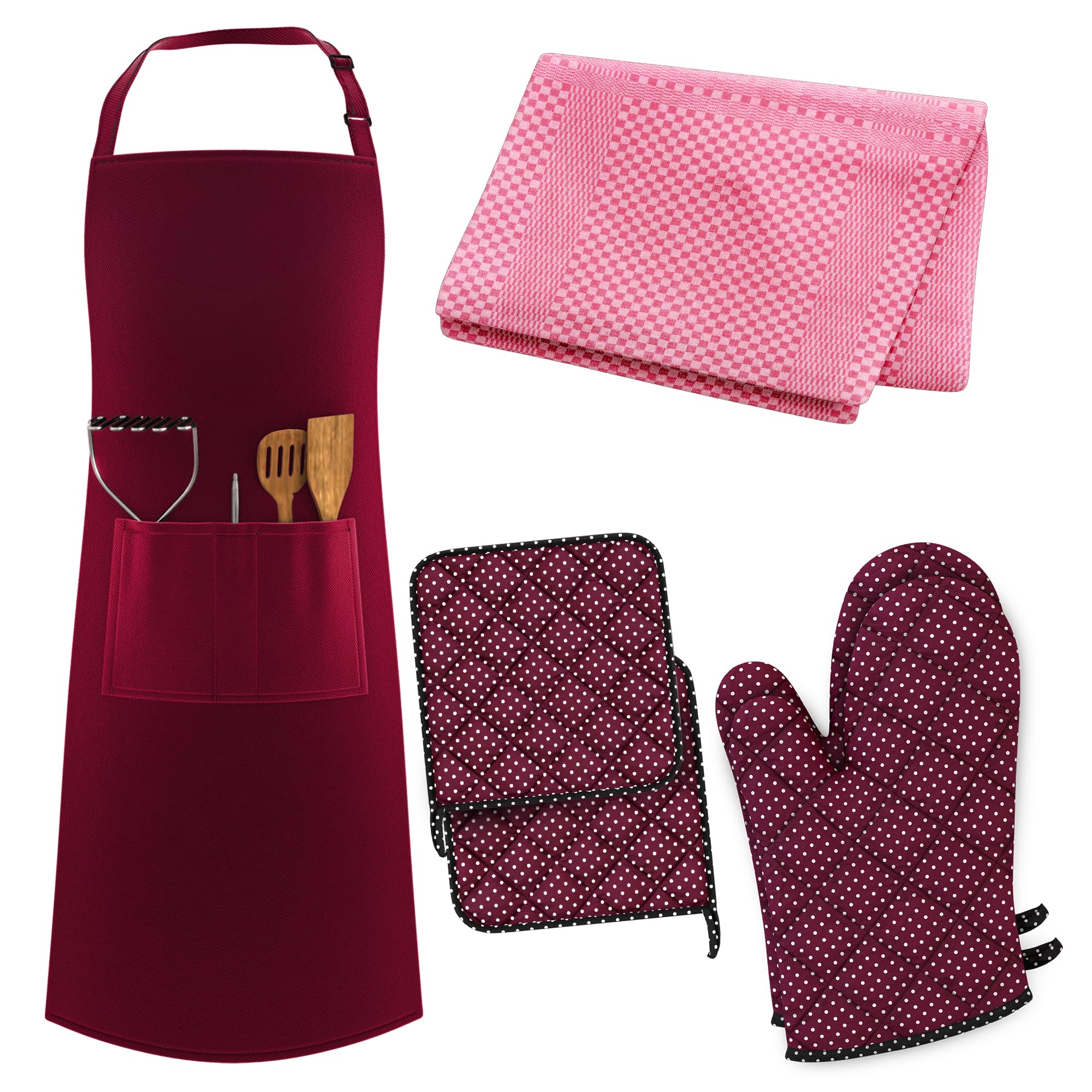 Lefunda Men's Red (1 Apron + 2 Oven Gloves + 2 Pot Holders + 2 Tea Towels) Lefunda® Cooking Apron Waterproof Apron With 3 Pockets Adjustable Bbq Apron With Long Straps Kitchen Apron For Wo Kitchen Restaurant Café