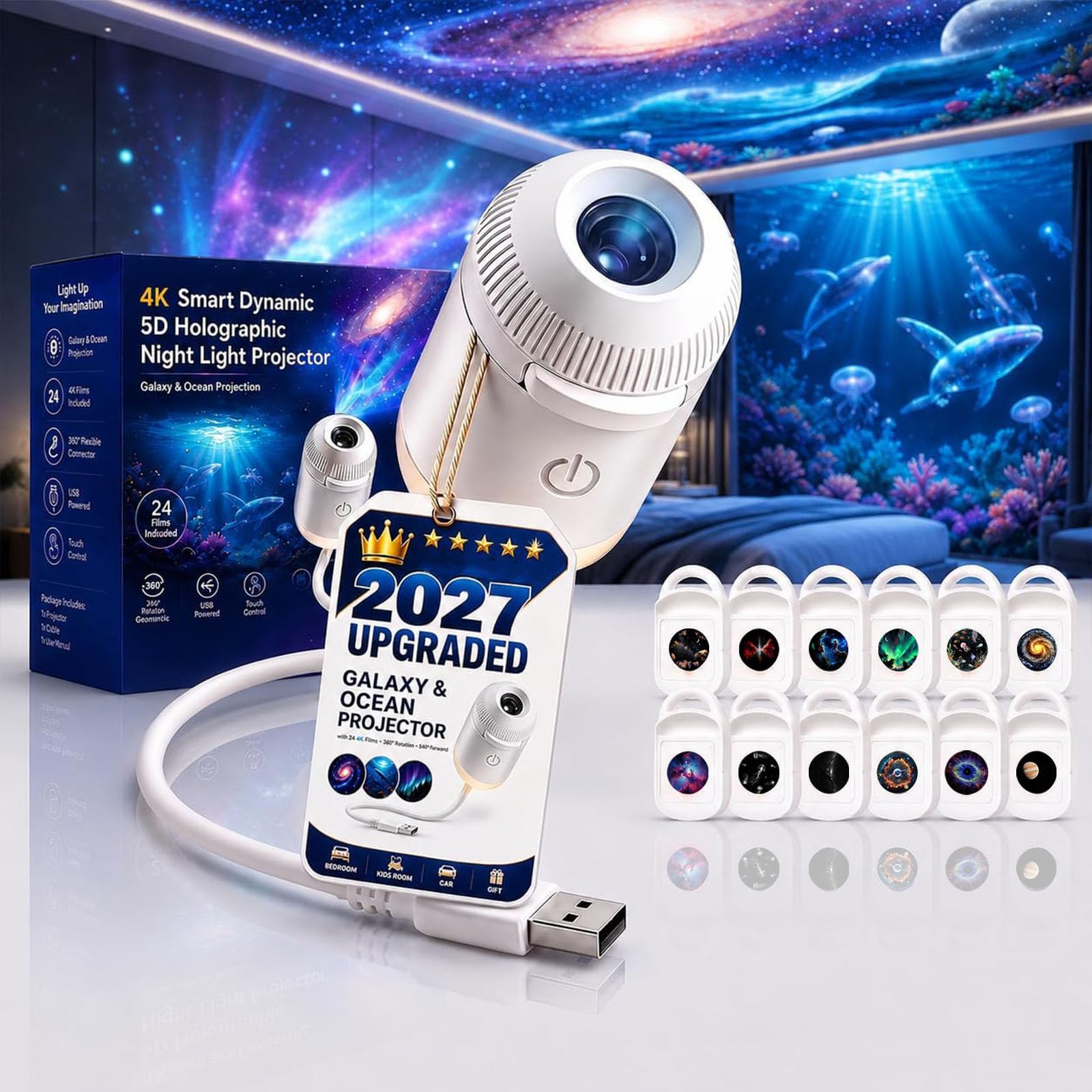 Ocean Projector Galaxy Projector Night Light, 2027 Upgraded 5D Holographic Night Light Projectors, Touch Control, 360° Adjustable, USB Plug & Play LED Projection Lamp for Bedroom, Ceiling