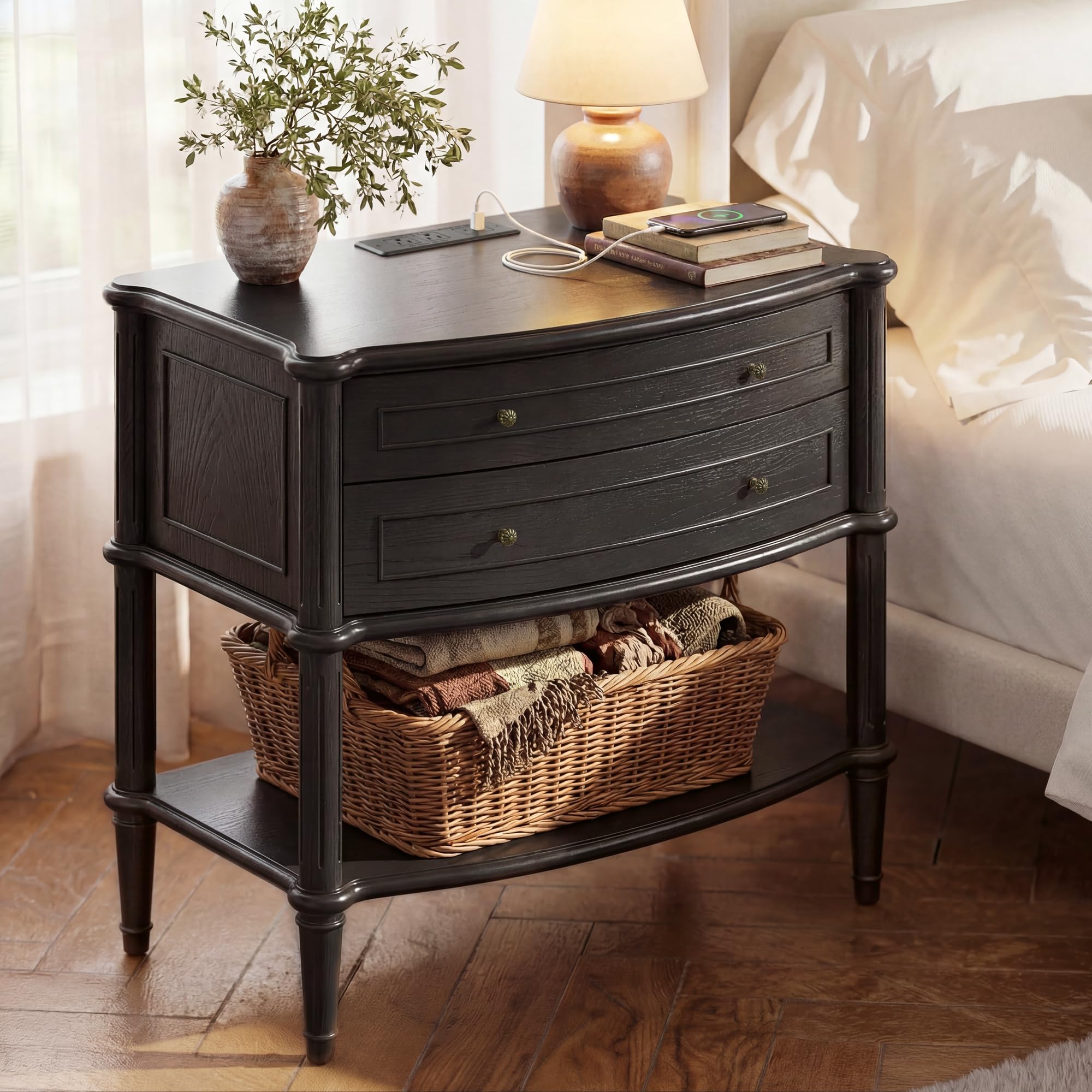 Wide Nightstand w/Charging Station & 2 Drawers, Pre-Assembled, Vintage Side Table w/Antique-Finished