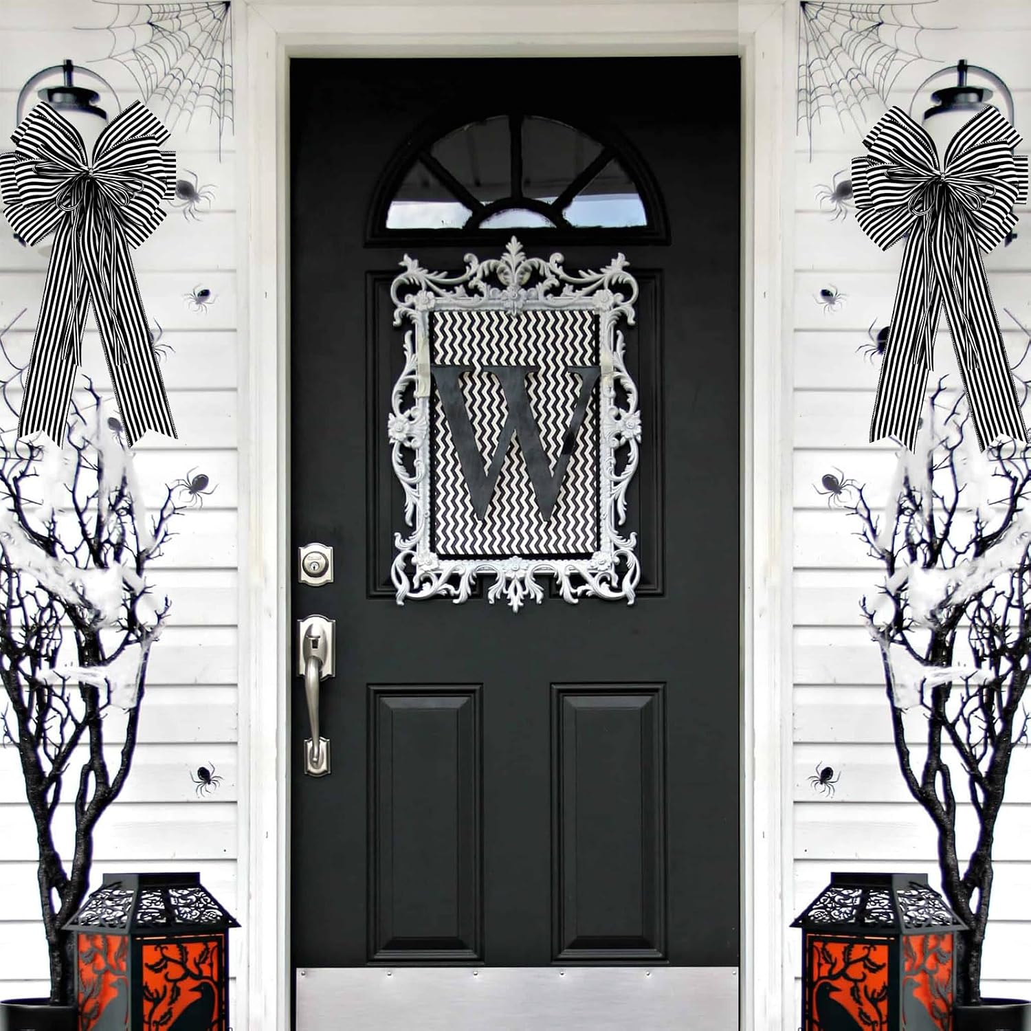 Hongsome 2 Pack Black White Stripe Halloween Fall Bows for Wreaths,12”x20”Black and White Christmas Decorations Bow for Tree Topper Gothic Spooky Holiday Birthday Party Wall Home Front Door