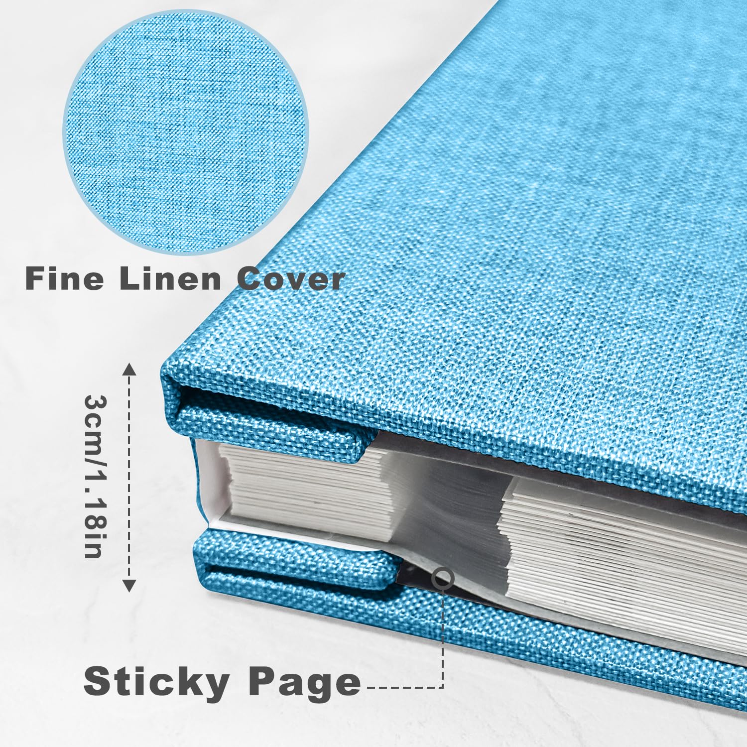 Grand album photo autocollant, album de scrapbooking pour photos de 7,6 x 12,7 cm, 10,2 x 15,2 cm, 20,3 x 25,4 cm, 60 pages couverture en lin bleu clair, cadeau idéal pour famille, mariage