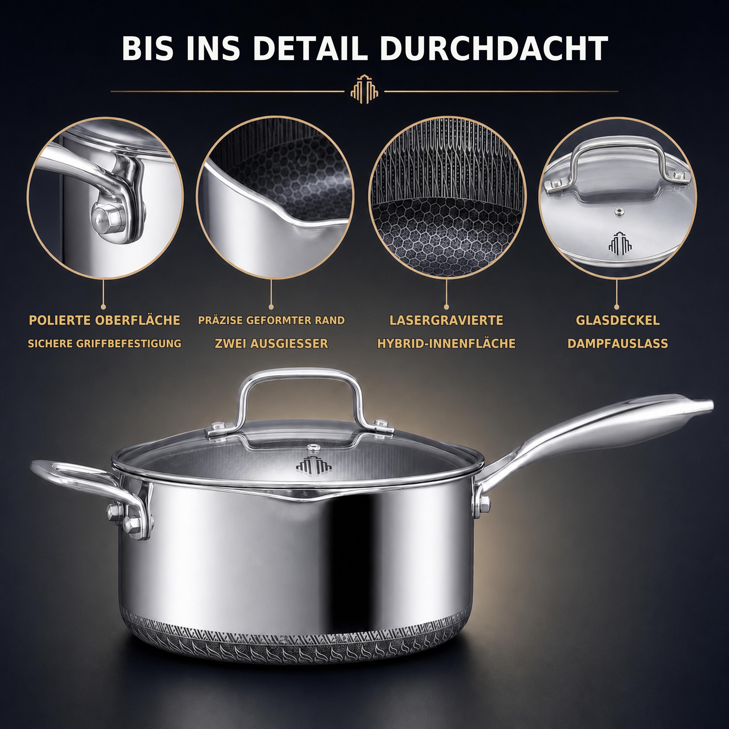 Stielkasserolle mit Deckel, 22 cm/3.5L, antihaftbeschichtet, für Induktion, Kochtopf mit Ausgießer, kühlbleibender Griff, kratzfest,